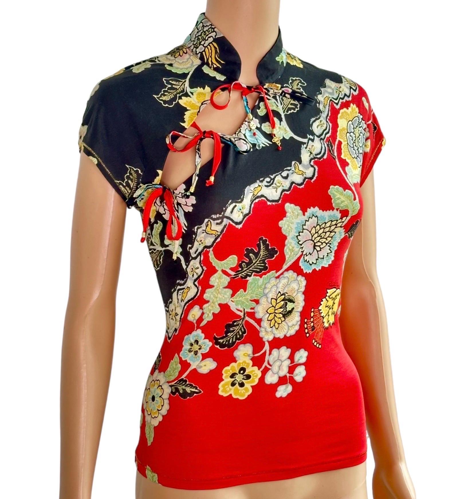 Roberto Cavalli S/S 2003 Chinoiserie Cheongsam Collar Tie Cap Sleeve Blouse Top 8