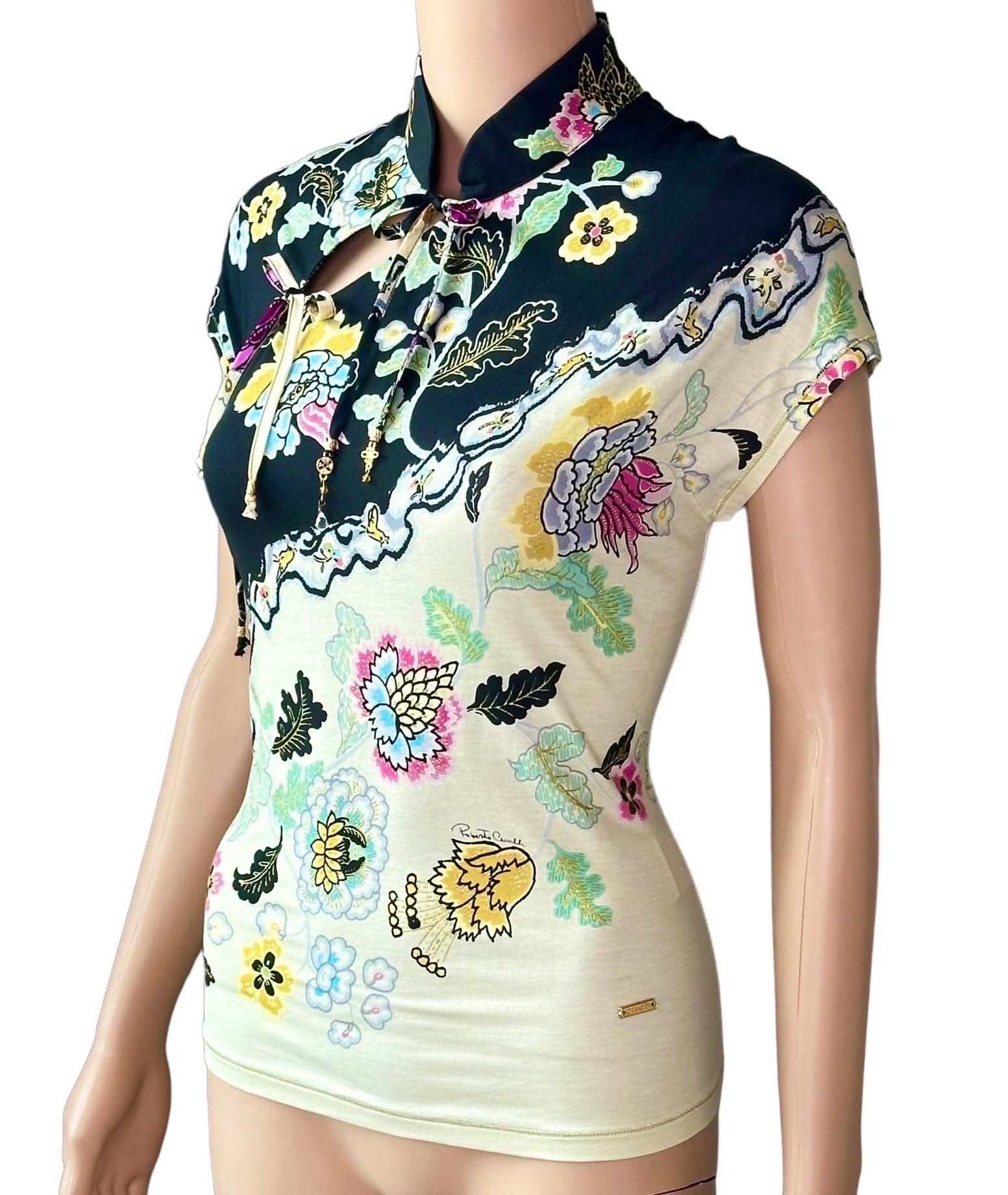 Roberto Cavalli S/S 2003 Chinoiserie Cheongsam Collar Tie Cap Sleeve Blouse Top

Size M