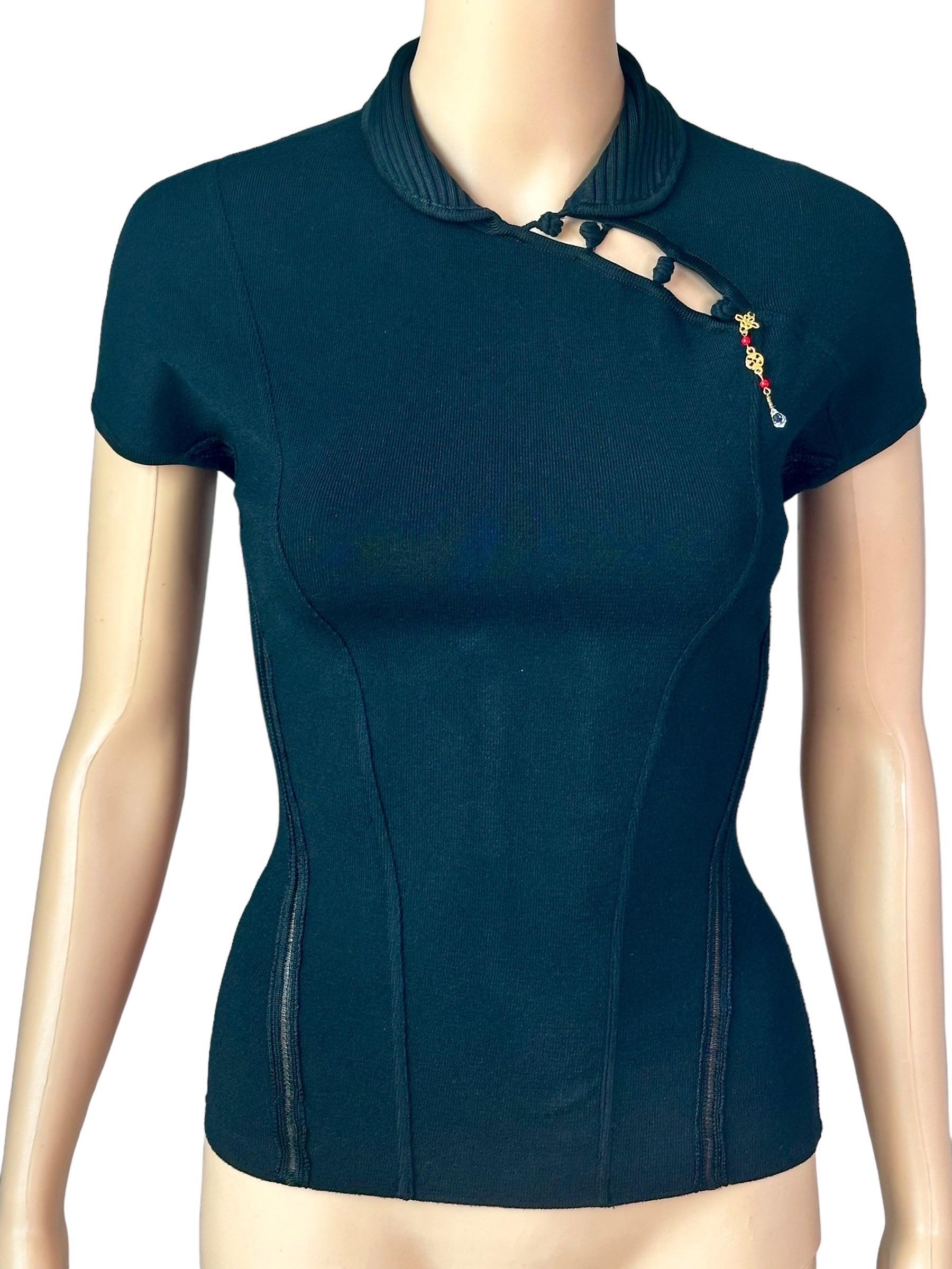 Roberto Cavalli S/S 2003 Chinoiserie Cheongsam Collar Tie Cap Sleeve Blouse Top

Size L