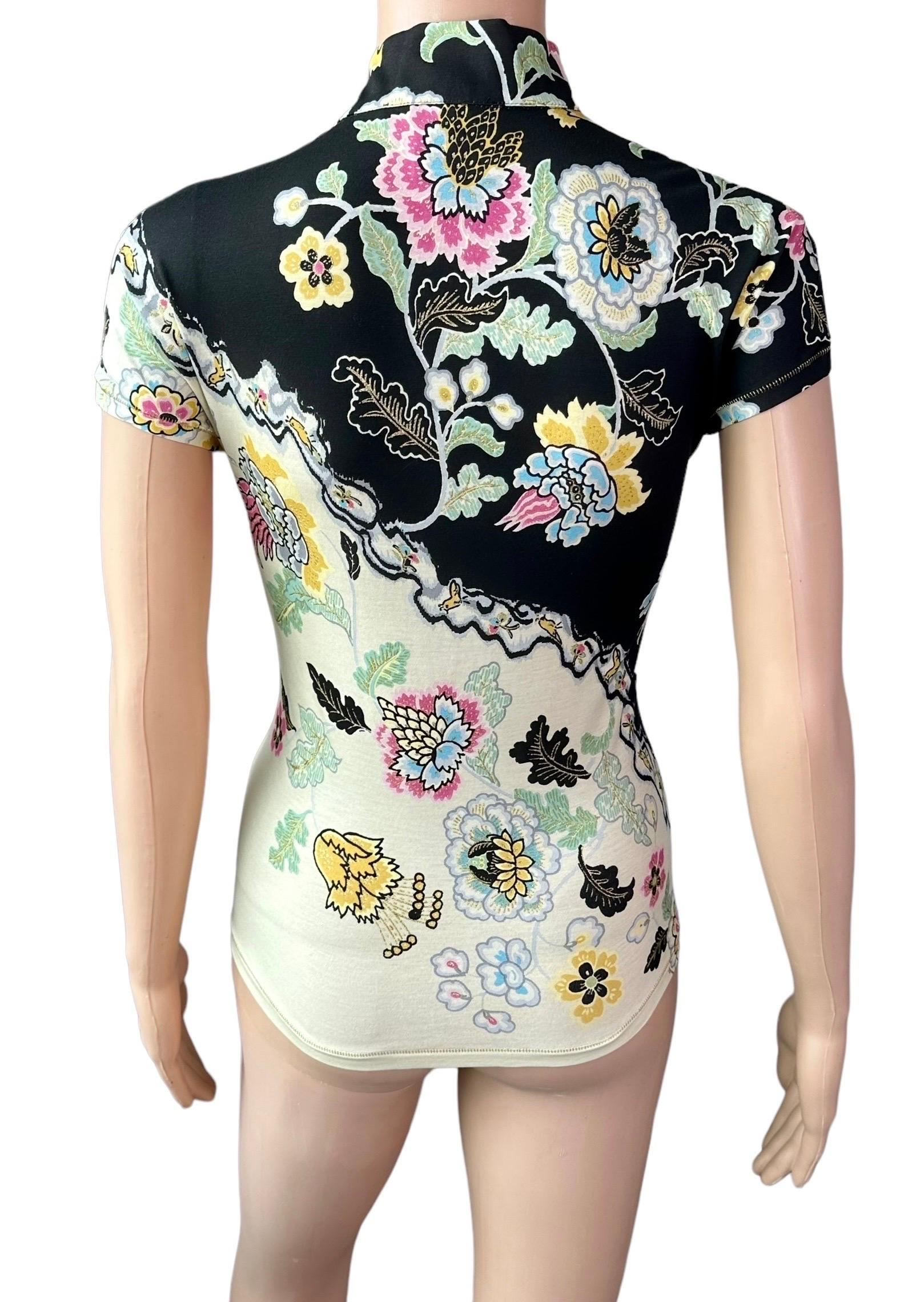 Gray Roberto Cavalli S/S 2003 Chinoiserie Cheongsam Collar Tie Cap Sleeve Blouse Top