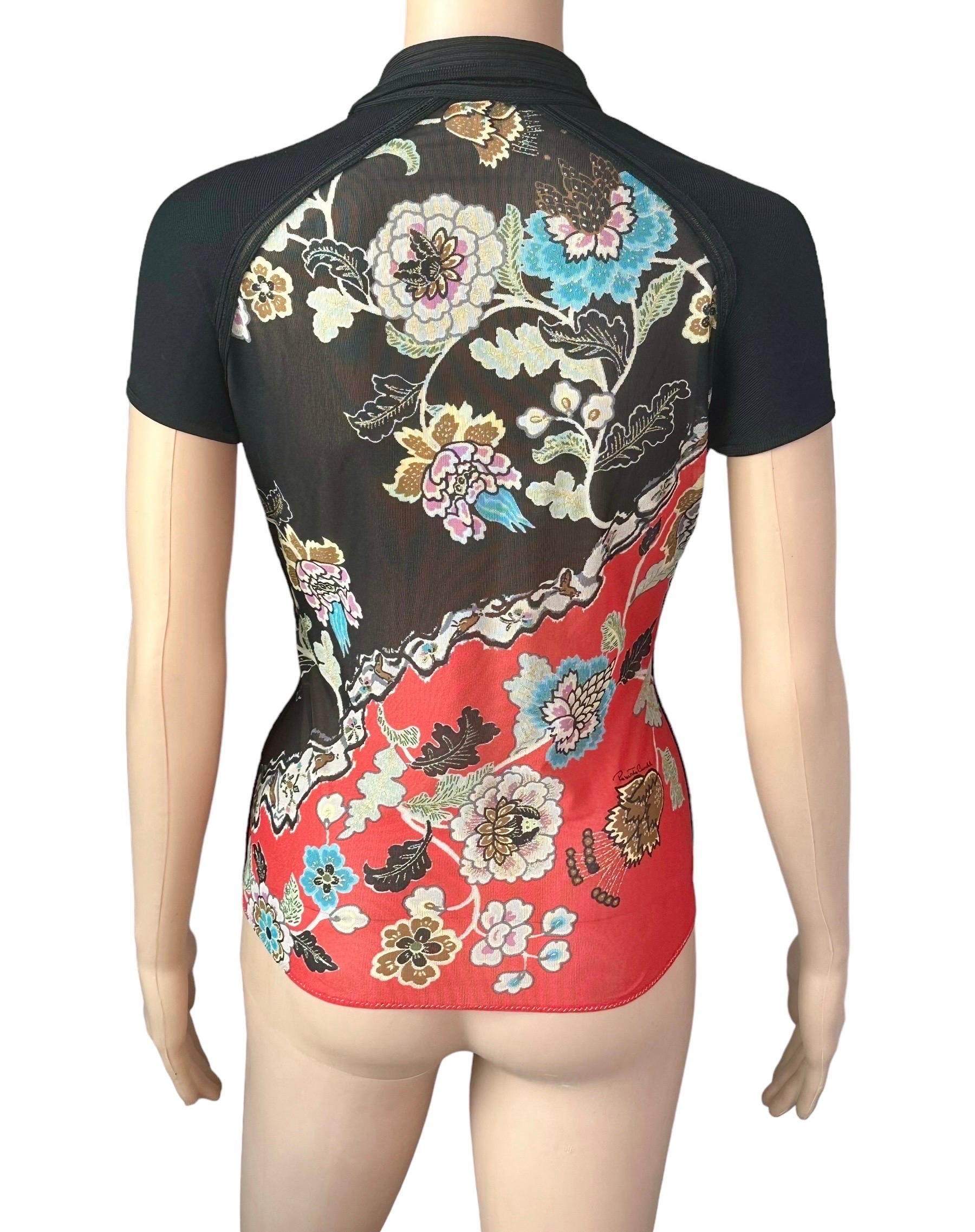 Black Roberto Cavalli S/S 2003 Chinoiserie Cheongsam Collar Tie Cap Sleeve Blouse Top For Sale