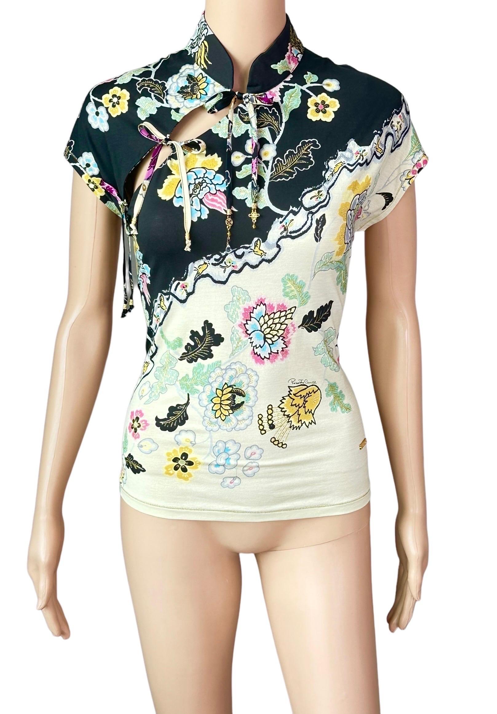 Roberto Cavalli S/S 2003 Chinoiserie Cheongsam Collar Tie Cap Sleeve Blouse Top In Good Condition In Naples, FL
