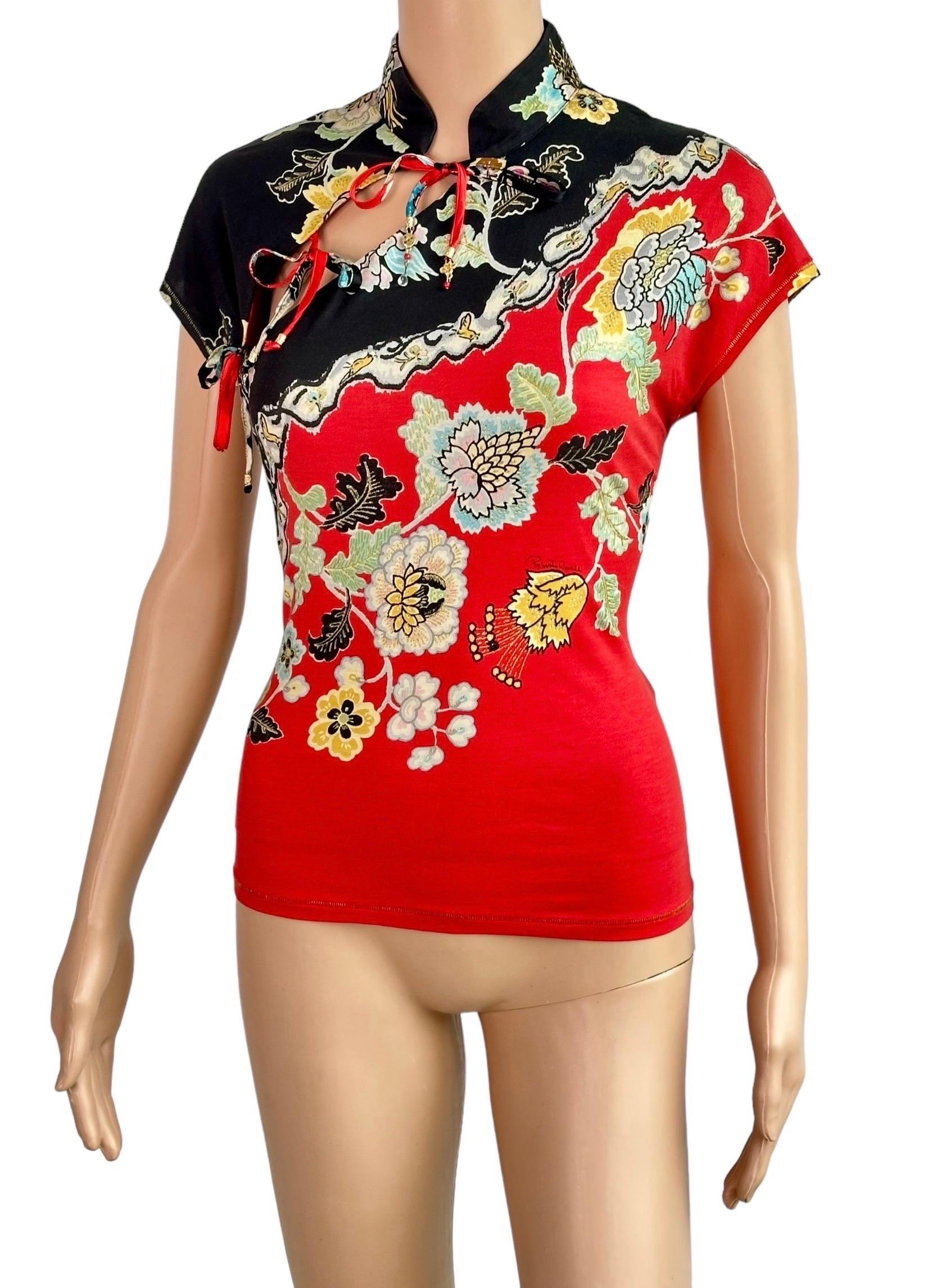 Roberto Cavalli S/S 2003 Chinoiserie Cheongsam Collar Tie Cap Sleeve Blouse Top In Excellent Condition In Naples, FL