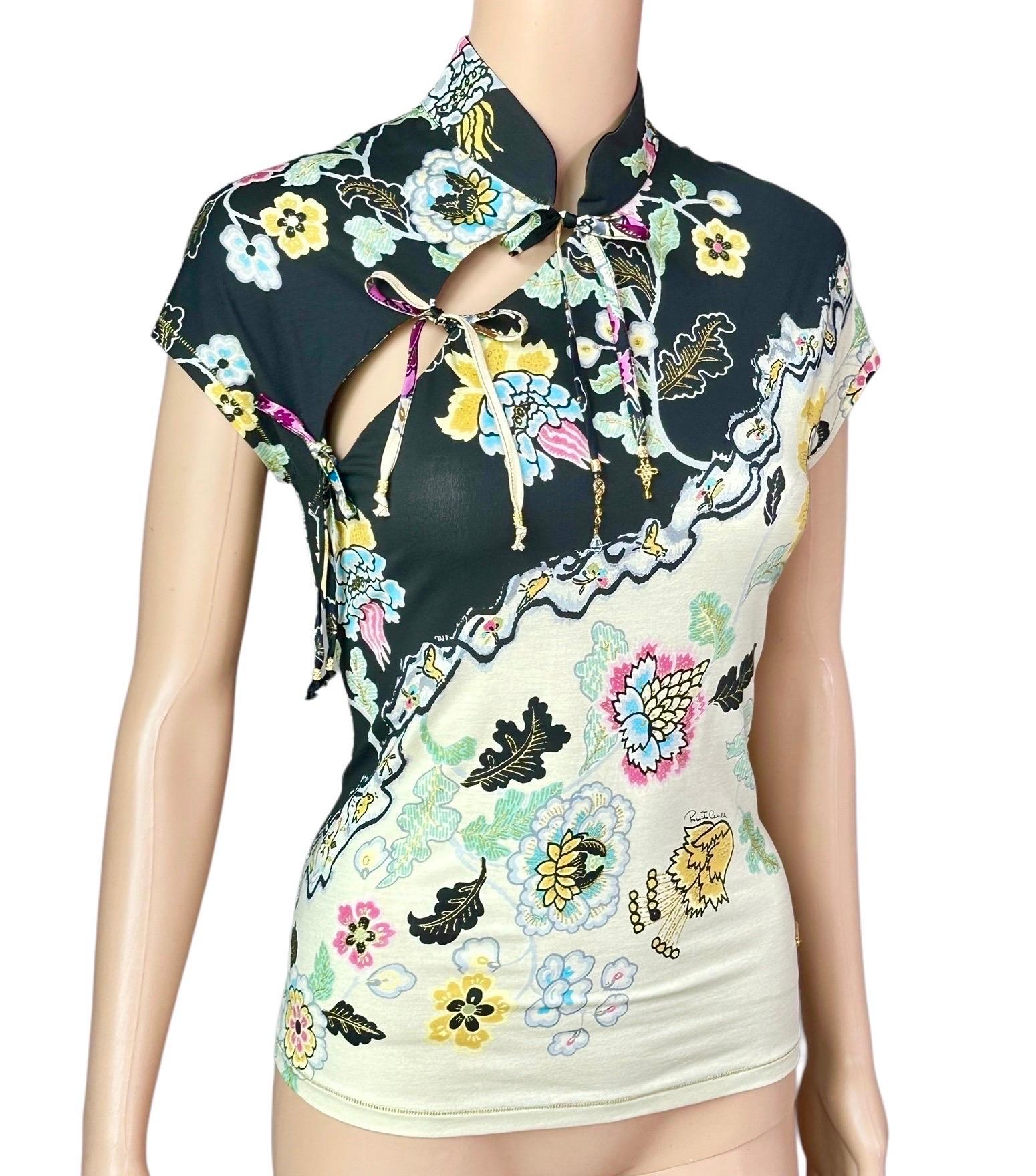 Women's Roberto Cavalli S/S 2003 Chinoiserie Cheongsam Collar Tie Cap Sleeve Blouse Top