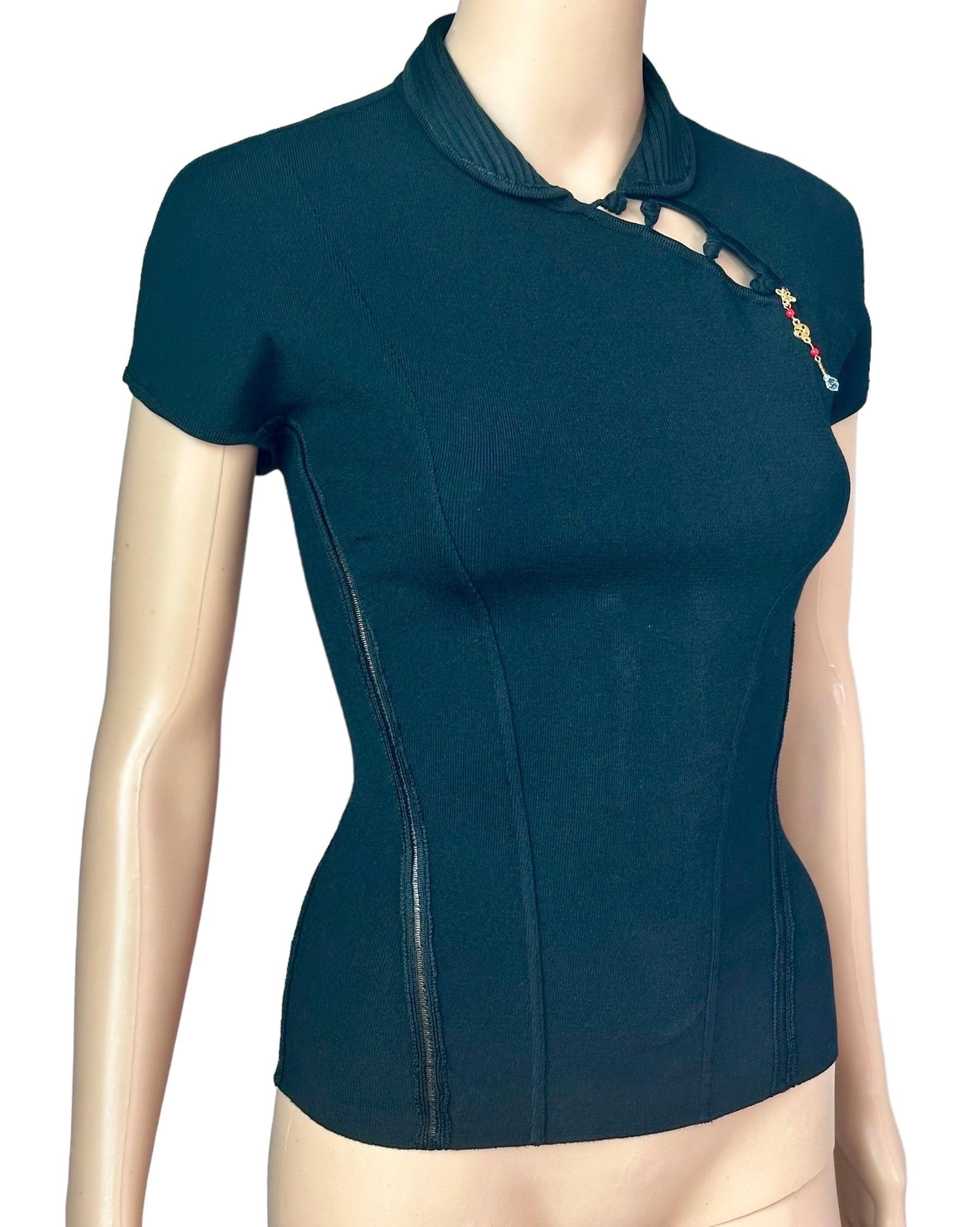 Women's Roberto Cavalli S/S 2003 Chinoiserie Cheongsam Collar Tie Cap Sleeve Blouse Top For Sale