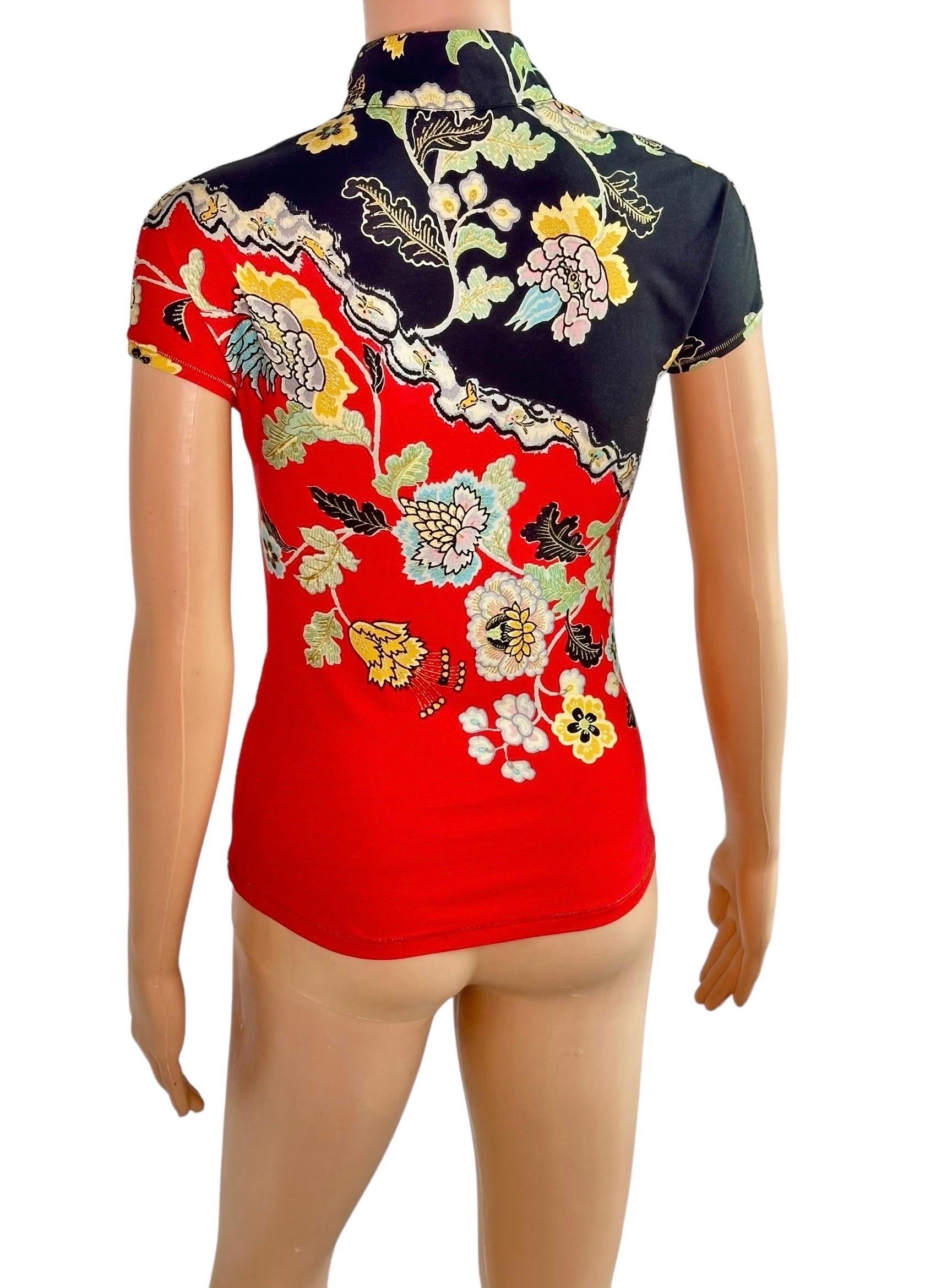 Women's Roberto Cavalli S/S 2003 Chinoiserie Cheongsam Collar Tie Cap Sleeve Blouse Top