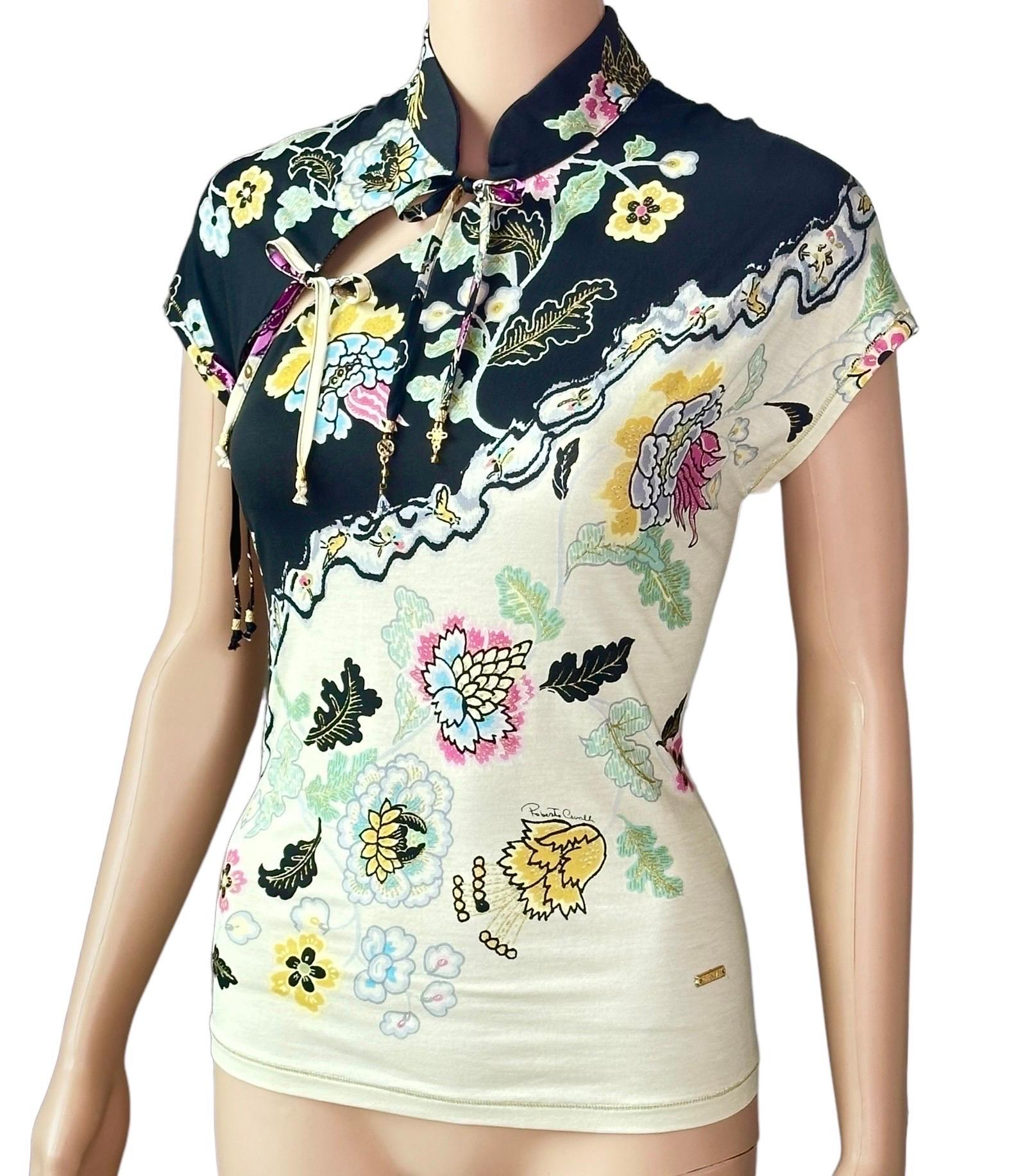 Roberto Cavalli S/S 2003 Chinoiserie Cheongsam Collar Tie Cap Sleeve Blouse Top 1