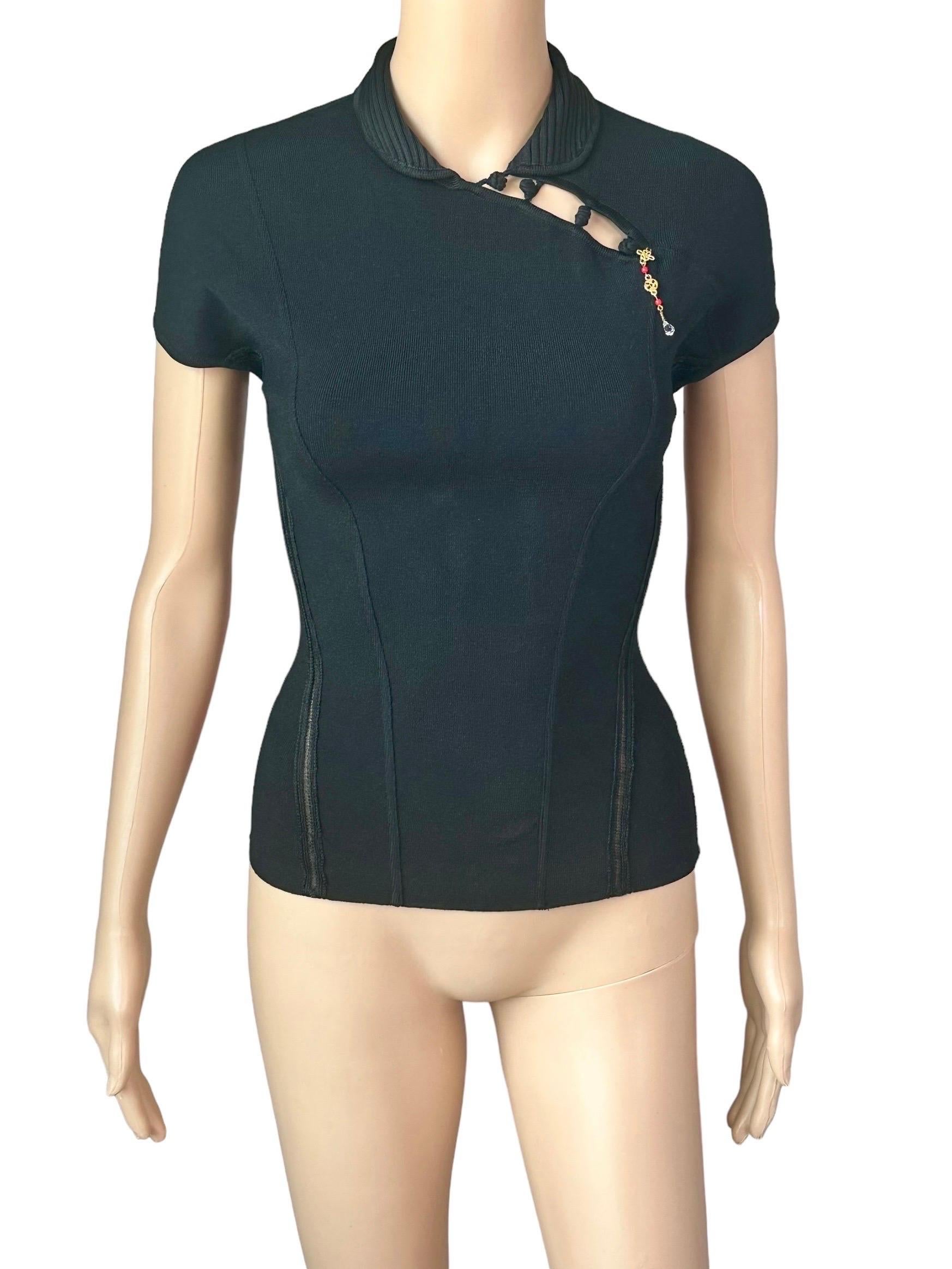 Roberto Cavalli S/S 2003 Chinoiserie Cheongsam Collar Tie Cap Sleeve Blouse Top For Sale 2