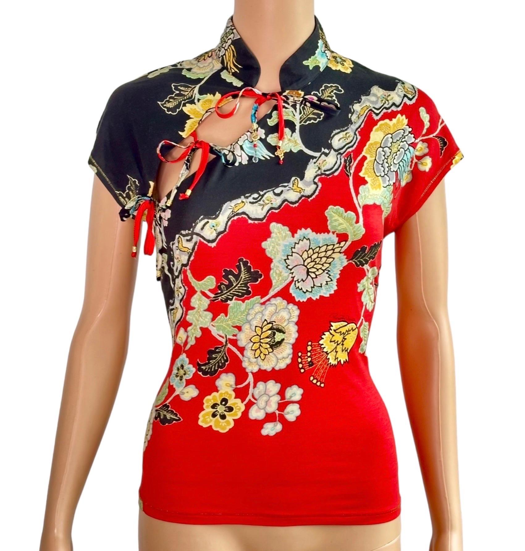 Roberto Cavalli S/S 2003 Chinoiserie Cheongsam Collar Tie Cap Sleeve Blouse Top 3