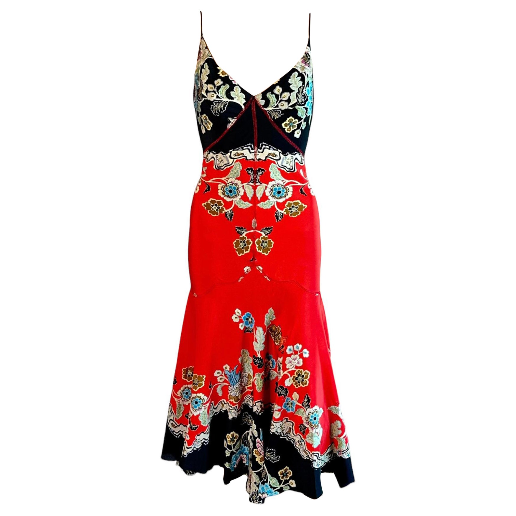 Roberto Cavalli S/S 2003 Chinoiserie Cheongsam - Robe midi rouge en vente