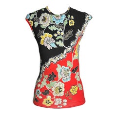 Roberto Cavalli S/S 2003 Chinoiserie Floral Print Silk Jersey Top