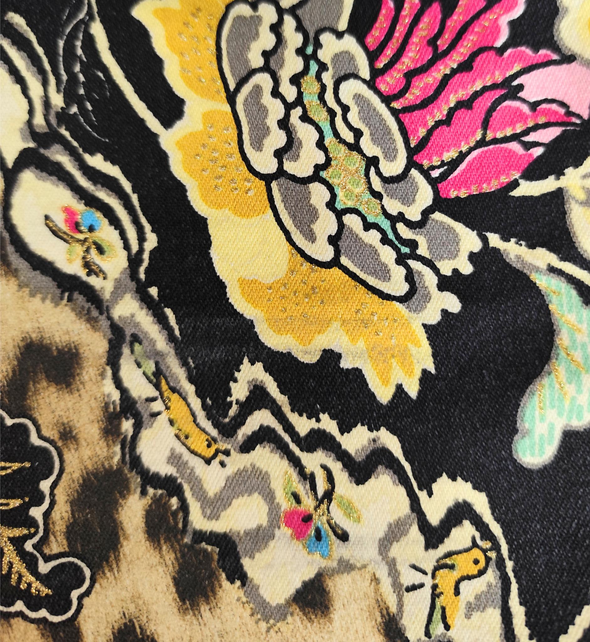 Roberto Cavalli S/S 2003 chinoiserie print black and yellow pants en venta 6