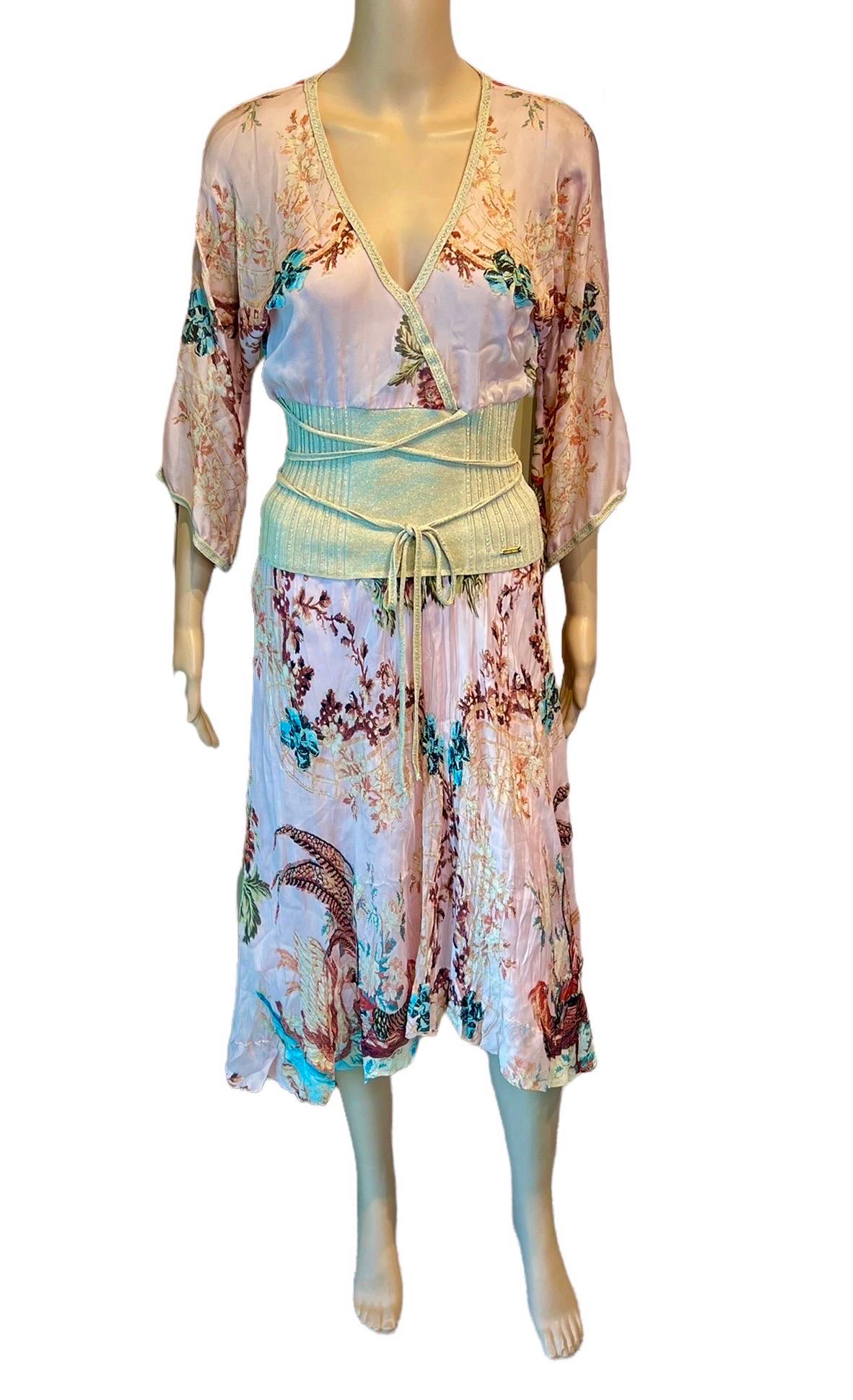Beige Roberto Cavalli S/S 2003 Chinoiserie Print Blouse Top and Midi Skirt 2 Piece Set For Sale