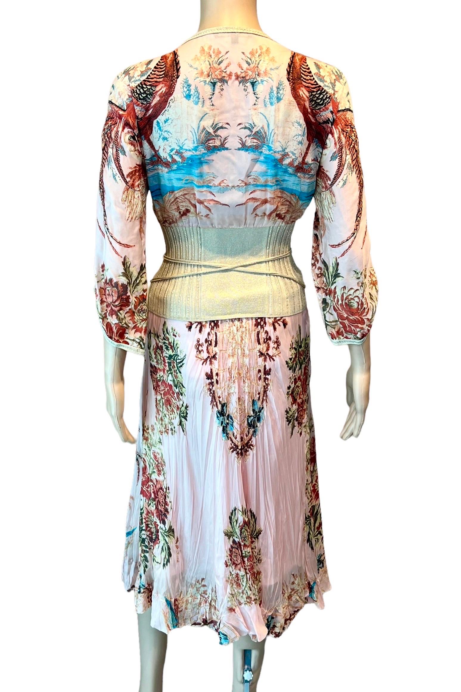 Roberto Cavalli S/S 2003 Chinoiserie Print Blouse Top and Midi Skirt 2 Piece Set In Good Condition For Sale In Naples, FL