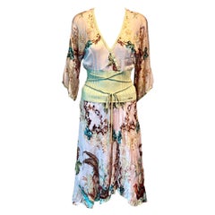 Roberto Cavalli S/S 2003 Chinoiserie Print Blouse Top and Midi Skirt 2 Piece Set