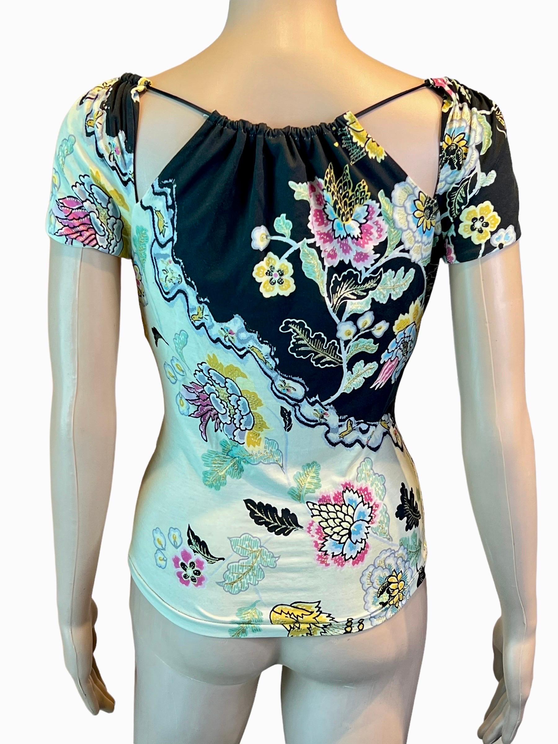 Gray Roberto Cavalli S/S 2003 Chinoiserie Print Cutout Blouse Top For Sale