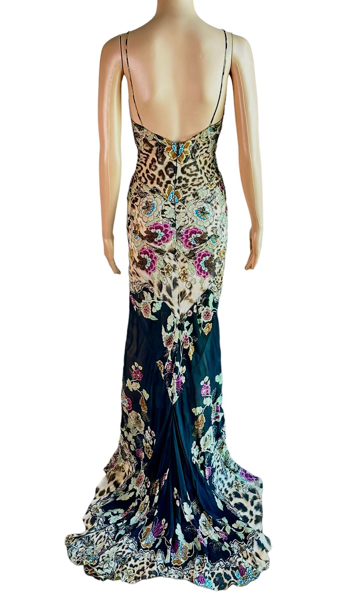 Roberto Cavalli S/S 2003 Chinoiserie Print Silk Train Maxi Evening Dress Gown For Sale 7