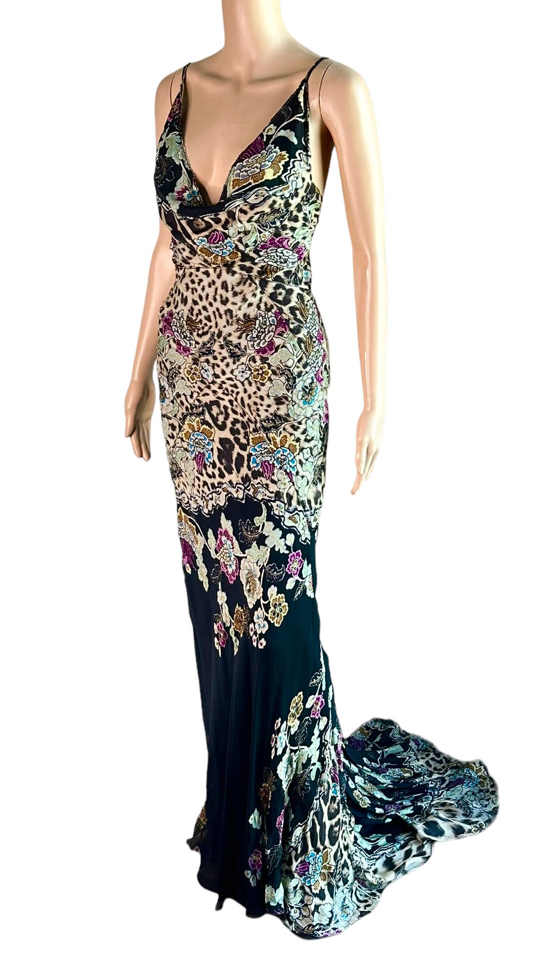 Gray Roberto Cavalli S/S 2003 Chinoiserie Print Silk Train Maxi Evening Dress Gown For Sale
