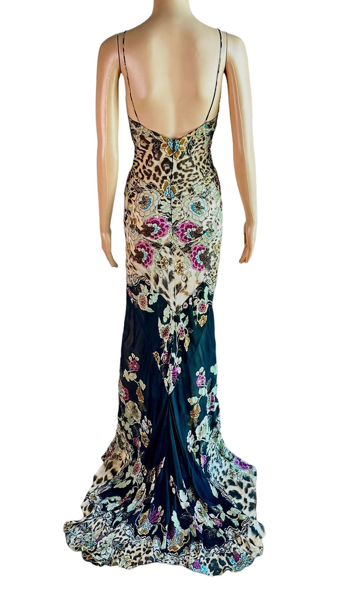 Roberto Cavalli S/S 2003 Chinoiserie Print Silk Train Maxi Evening Dress Gown In Good Condition For Sale In Naples, FL