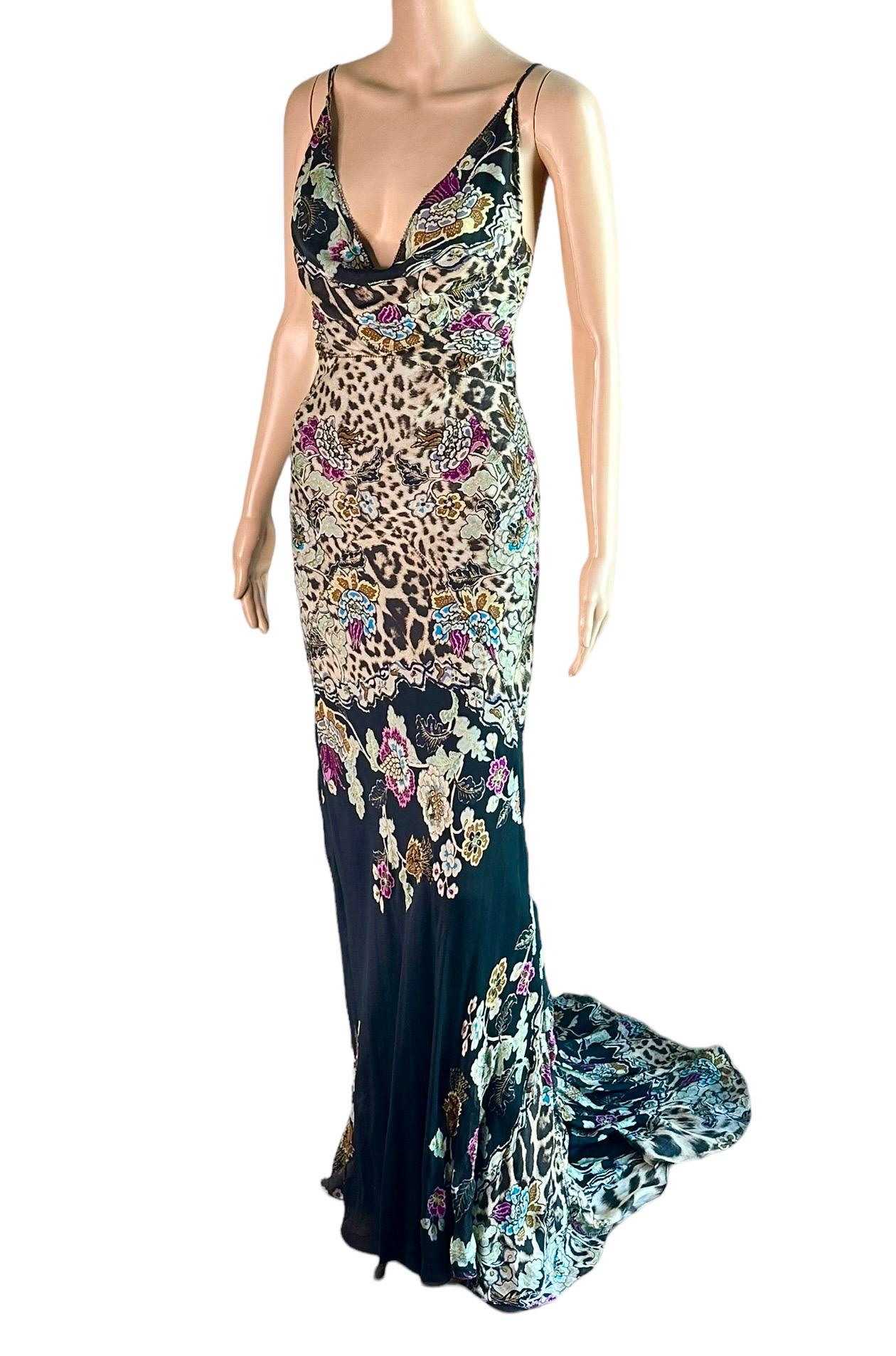 Women's Roberto Cavalli S/S 2003 Chinoiserie Print Silk Train Maxi Evening Dress Gown For Sale