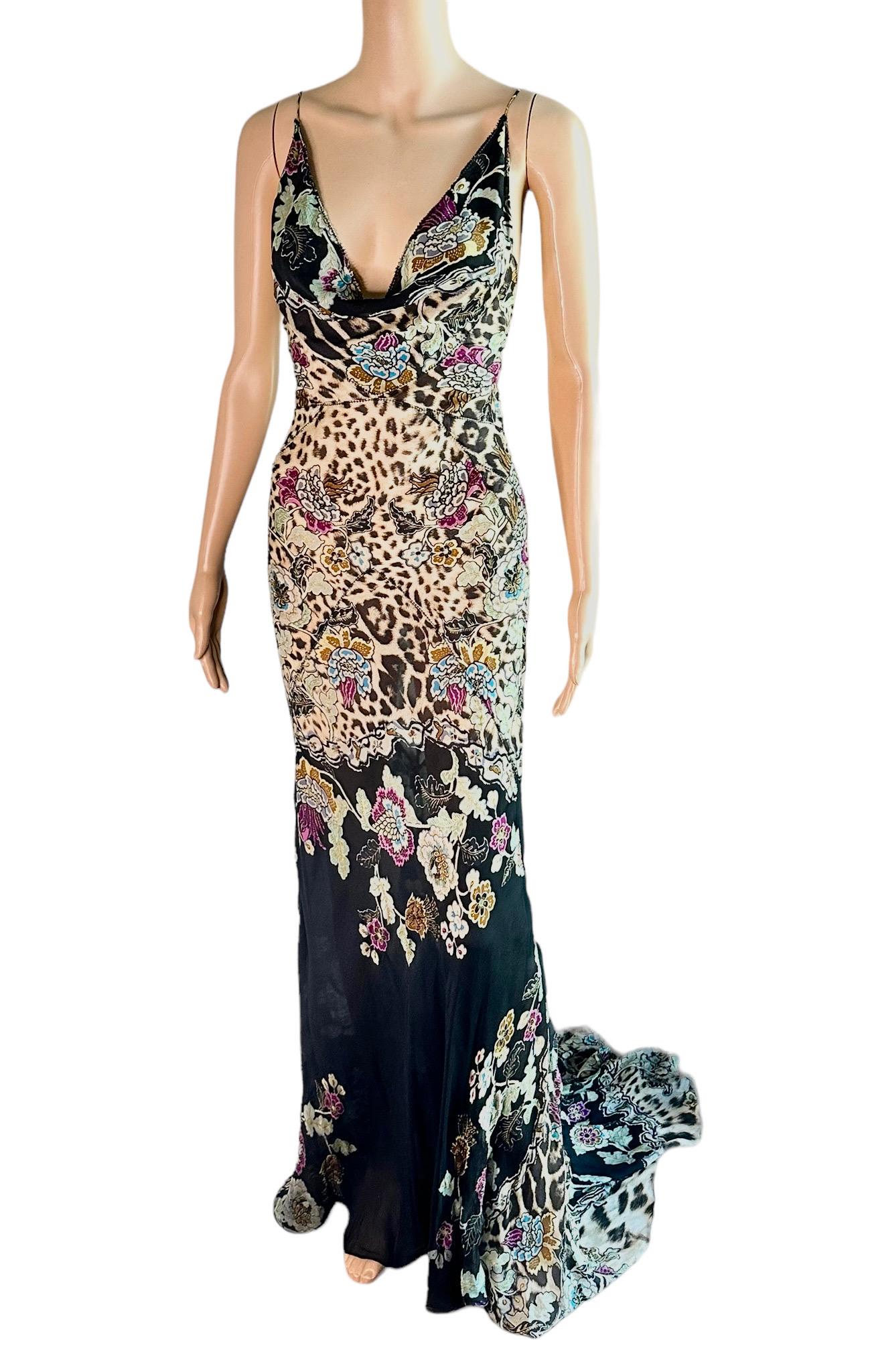 Roberto Cavalli S/S 2003 Chinoiserie Print Silk Train Maxi Evening Dress Gown For Sale 2