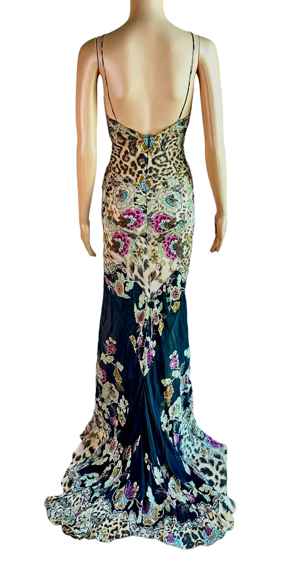 Roberto Cavalli S/S 2003 Chinoiserie Print Silk Train Maxi Evening Dress Gown For Sale 3