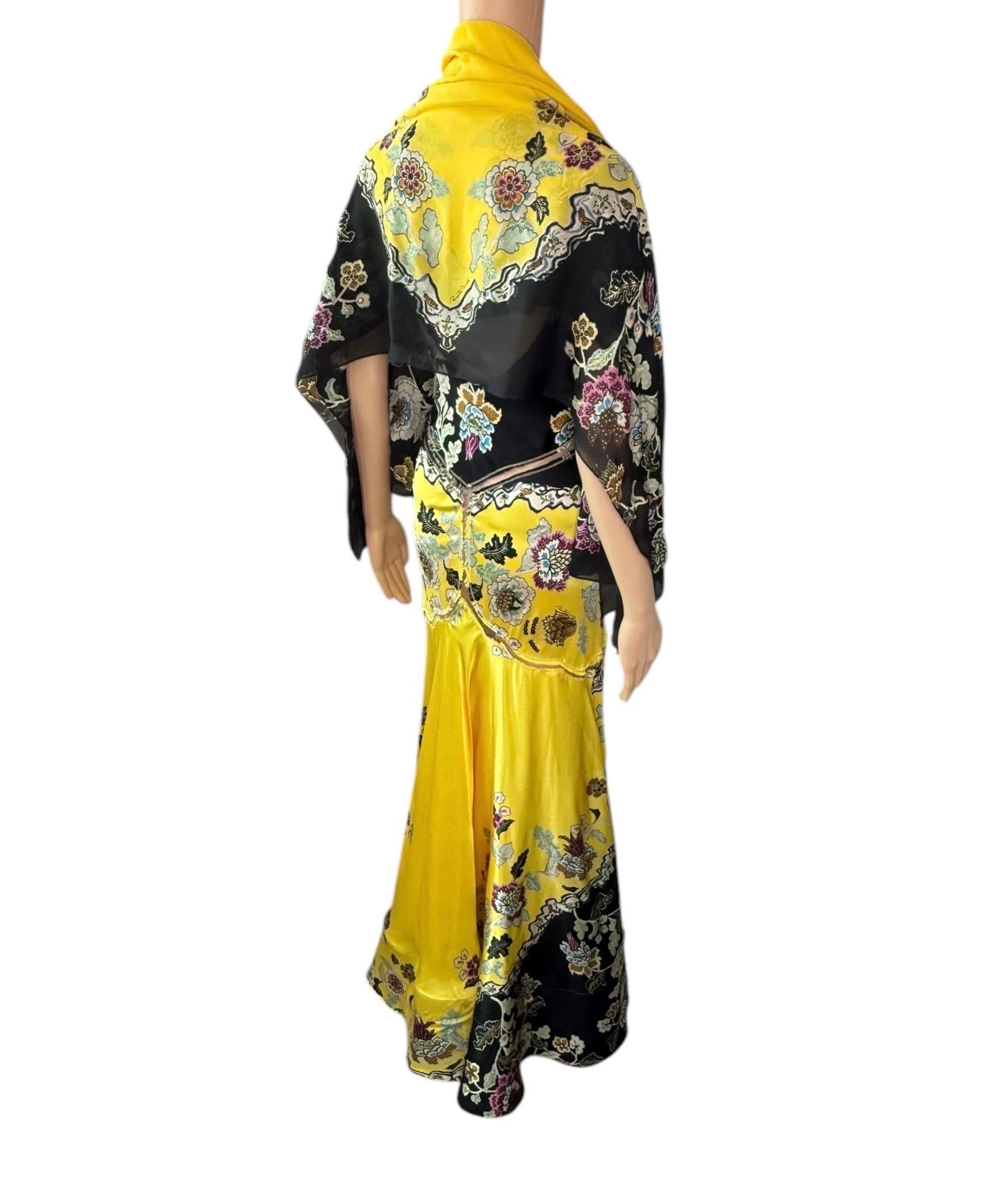 Roberto Cavalli S/S 2003 Chinoiserie Slip Evening Dress Gown w Shawl 2 Piece Set For Sale 9