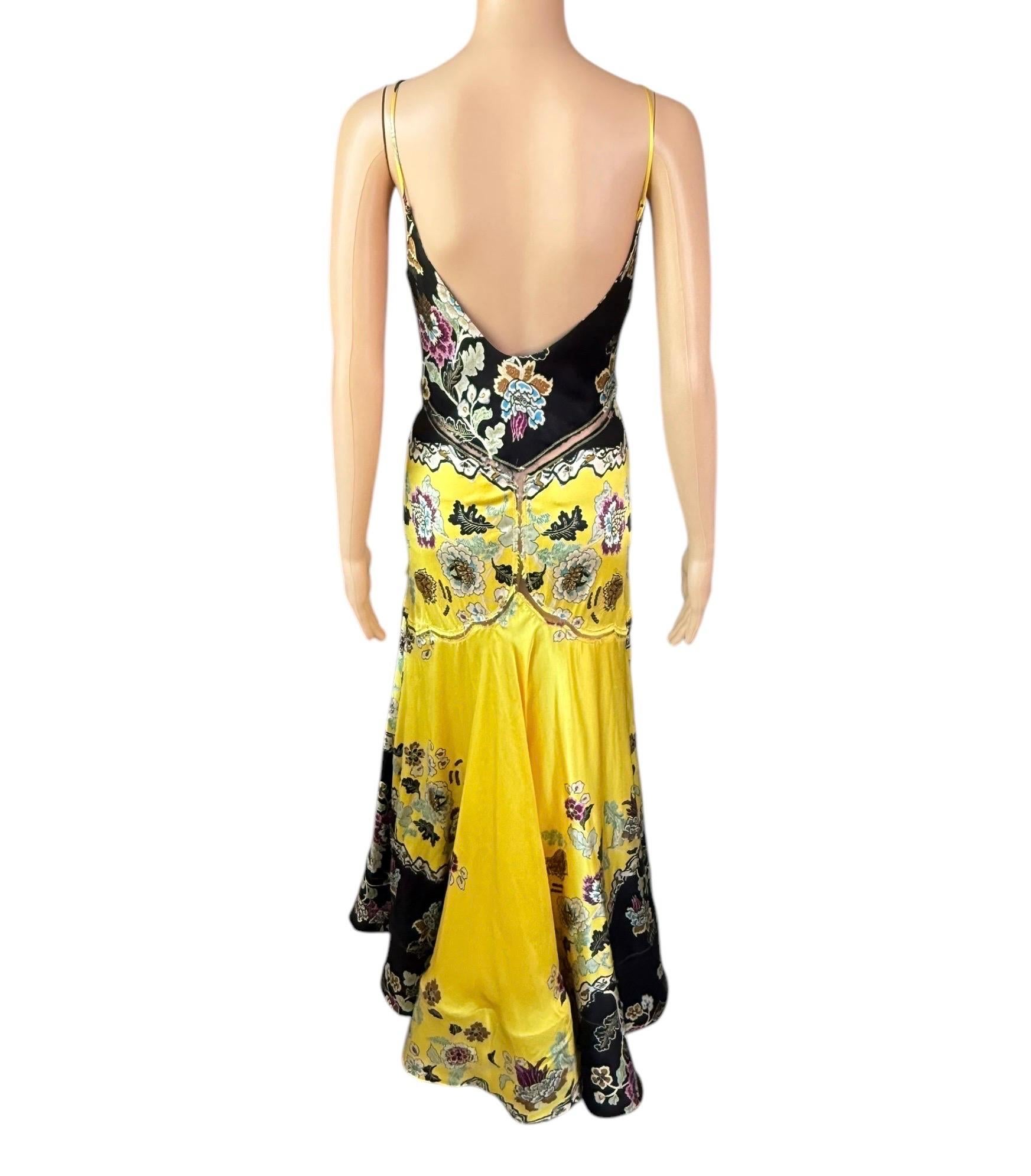 Yellow Roberto Cavalli S/S 2003 Chinoiserie Slip Evening Dress Gown w Shawl 2 Piece Set For Sale