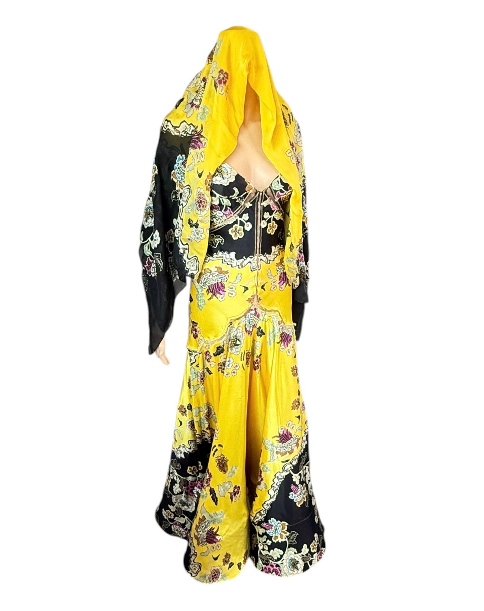 Roberto Cavalli S/S 2003 Chinoiserie Slip Evening Dress Gown w Shawl 2 Piece Set In Good Condition For Sale In Naples, FL