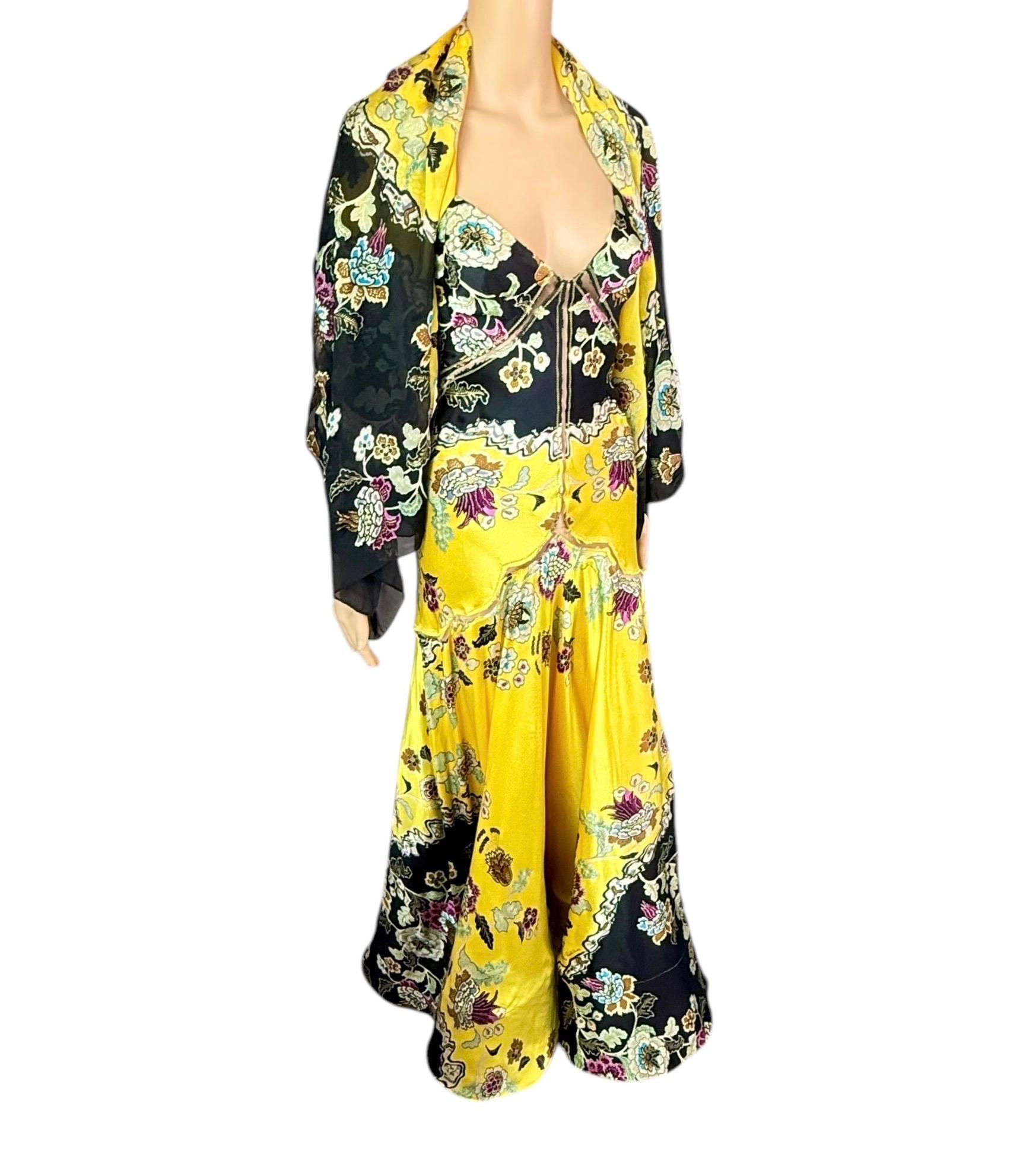 Roberto Cavalli S/S 2003 Chinoiserie Slip Evening Dress Gown w Shawl 2 Piece Set For Sale 2