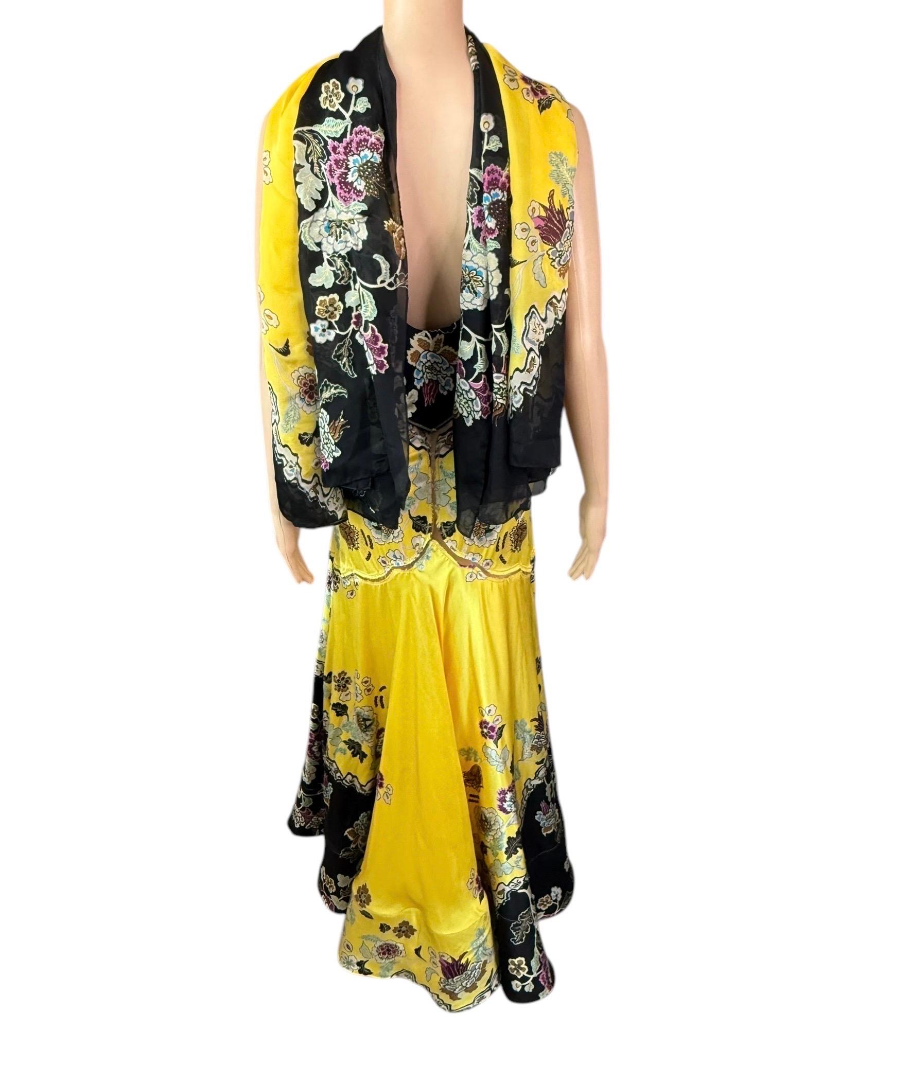 Roberto Cavalli S/S 2003 Chinoiserie Slip Evening Dress Gown w Shawl 2 Piece Set For Sale 3