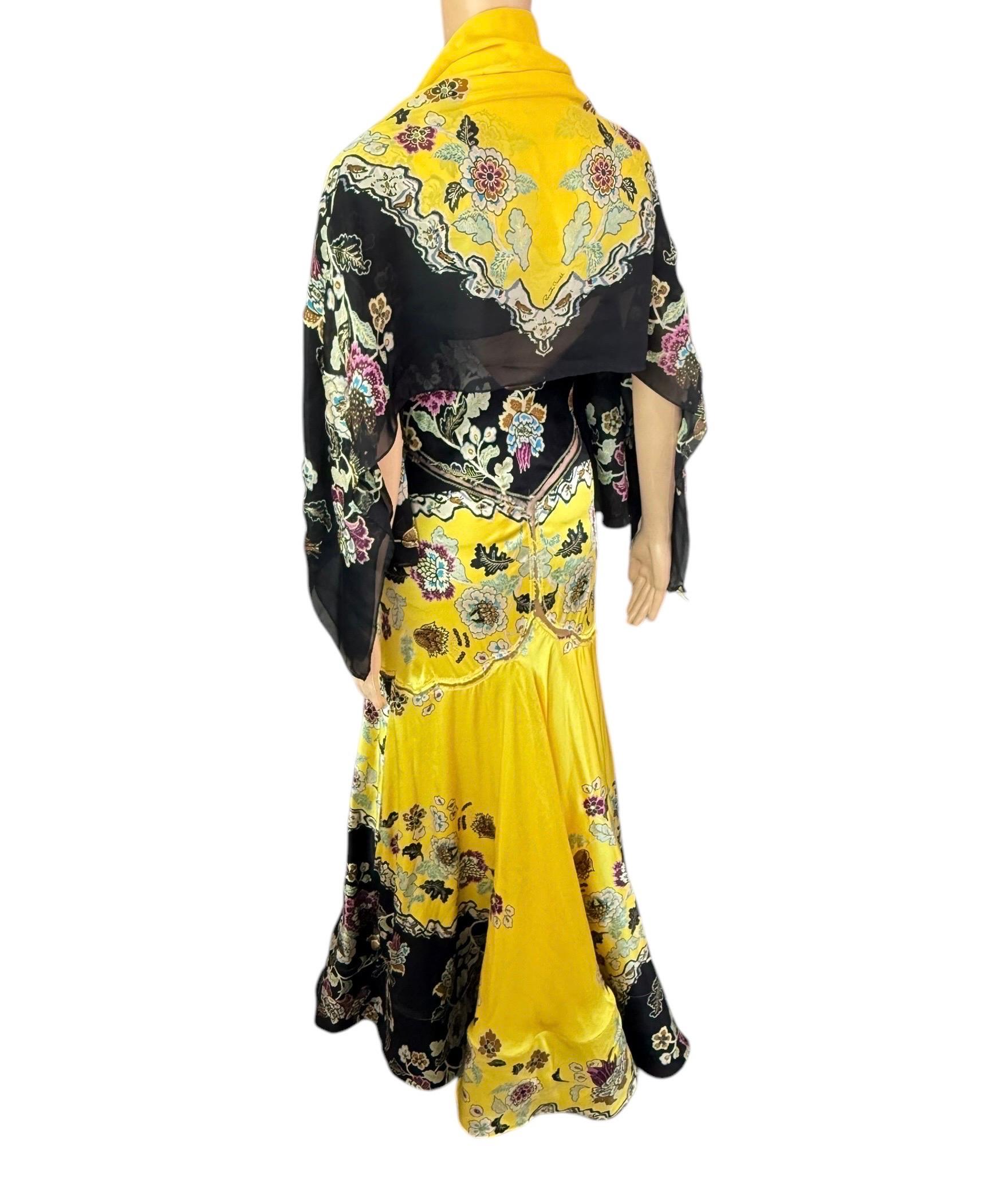 Roberto Cavalli S/S 2003 Chinoiserie Slip Evening Dress Gown w Shawl 2 Piece Set For Sale 4