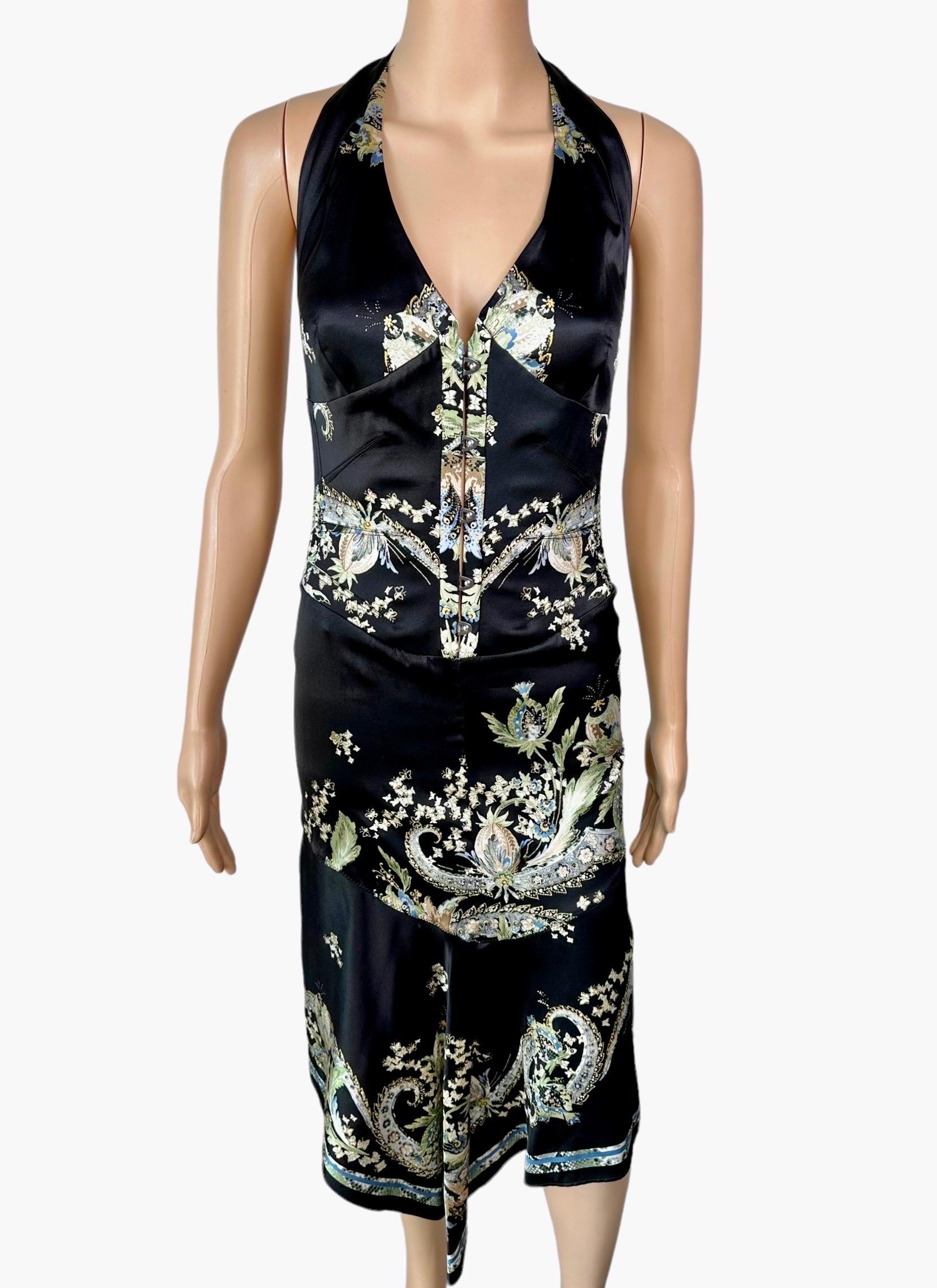 Roberto Cavalli S/S 2003 Corset Lace Up Chinoiserie Print Plunging Neckline Silk Asymmetric Dress Size M