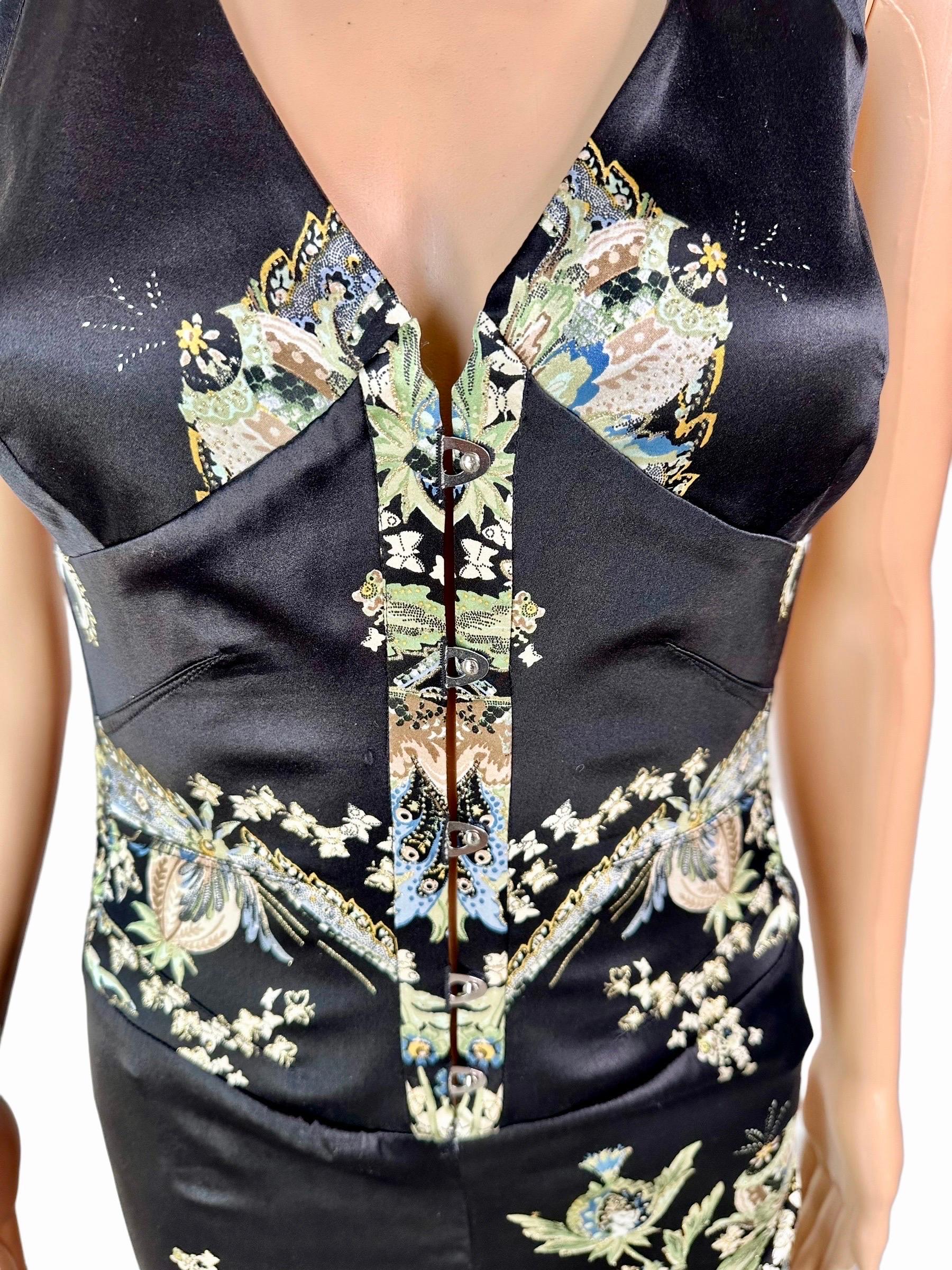 Roberto Cavalli S/S 2003 Corset Lace Up Chinoiserie Print Silk Asymmetric Dress In Good Condition For Sale In Naples, FL