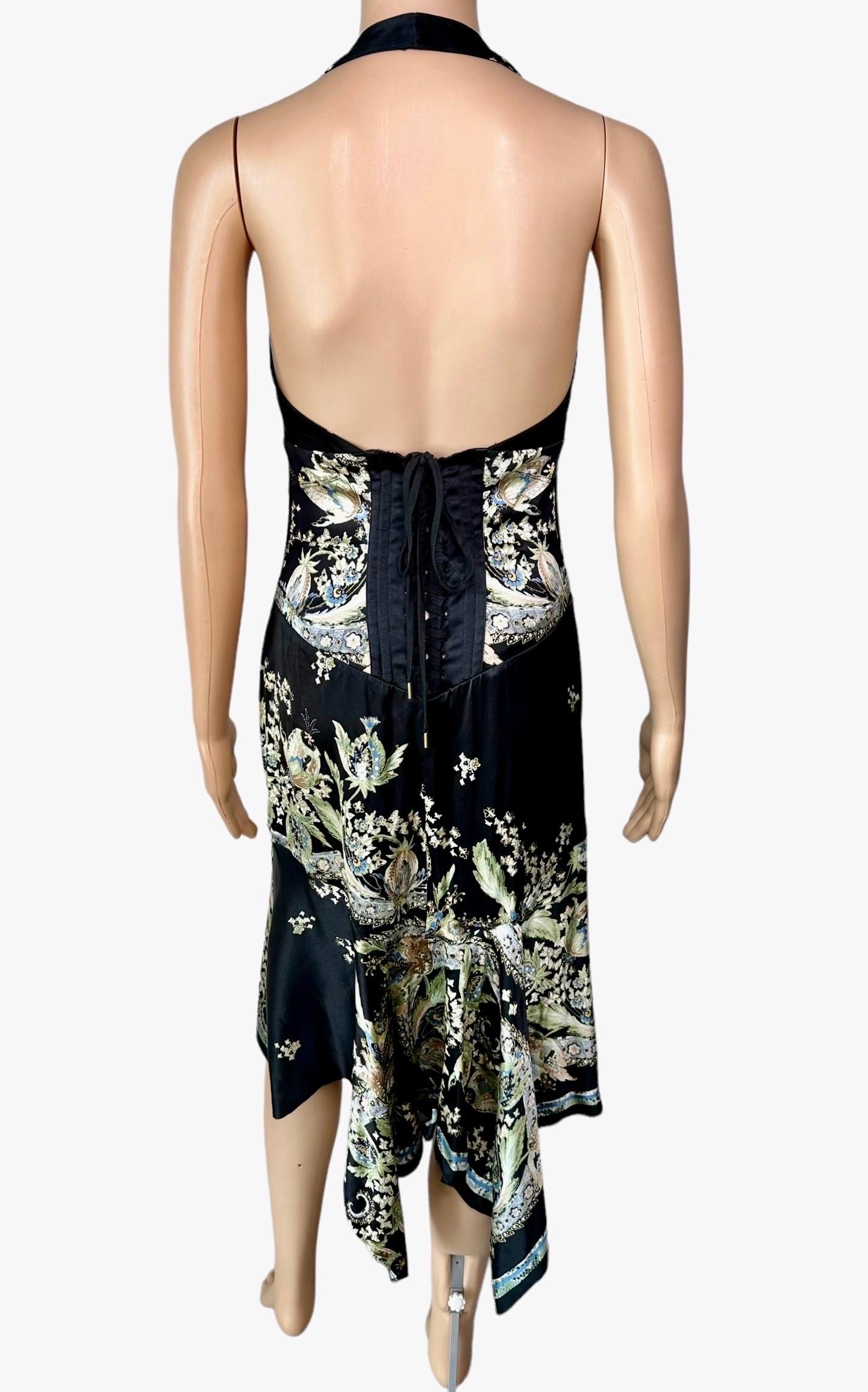 Women's Roberto Cavalli S/S 2003 Corset Lace Up Chinoiserie Print Silk Asymmetric Dress For Sale