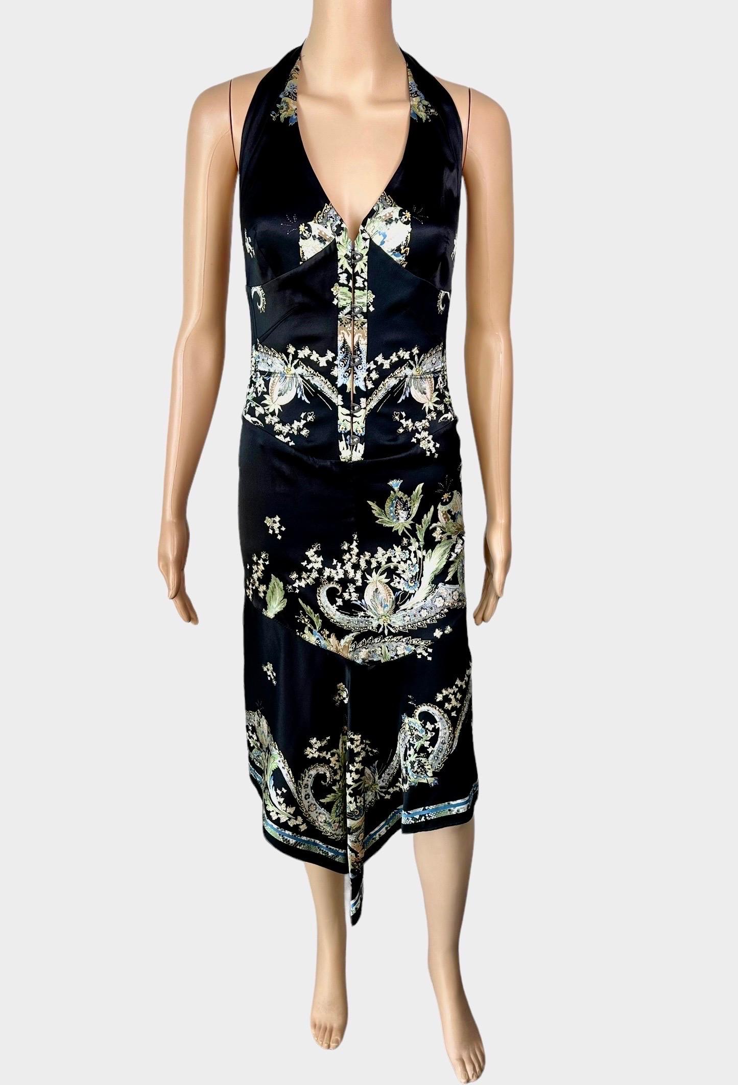 Roberto Cavalli S/S 2003 Corset Lace Up Chinoiserie Print Silk Asymmetric Dress For Sale 1