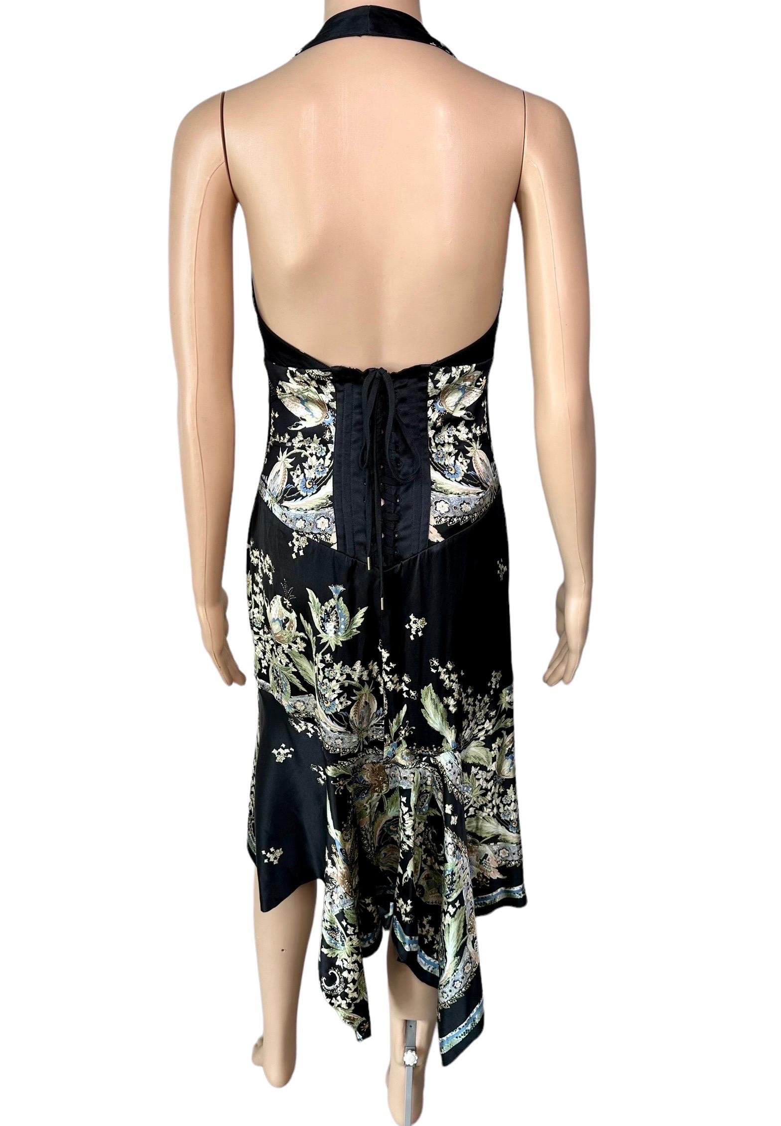 Roberto Cavalli S/S 2003 Corset Lace Up Chinoiserie Print Silk Asymmetric Dress For Sale 2