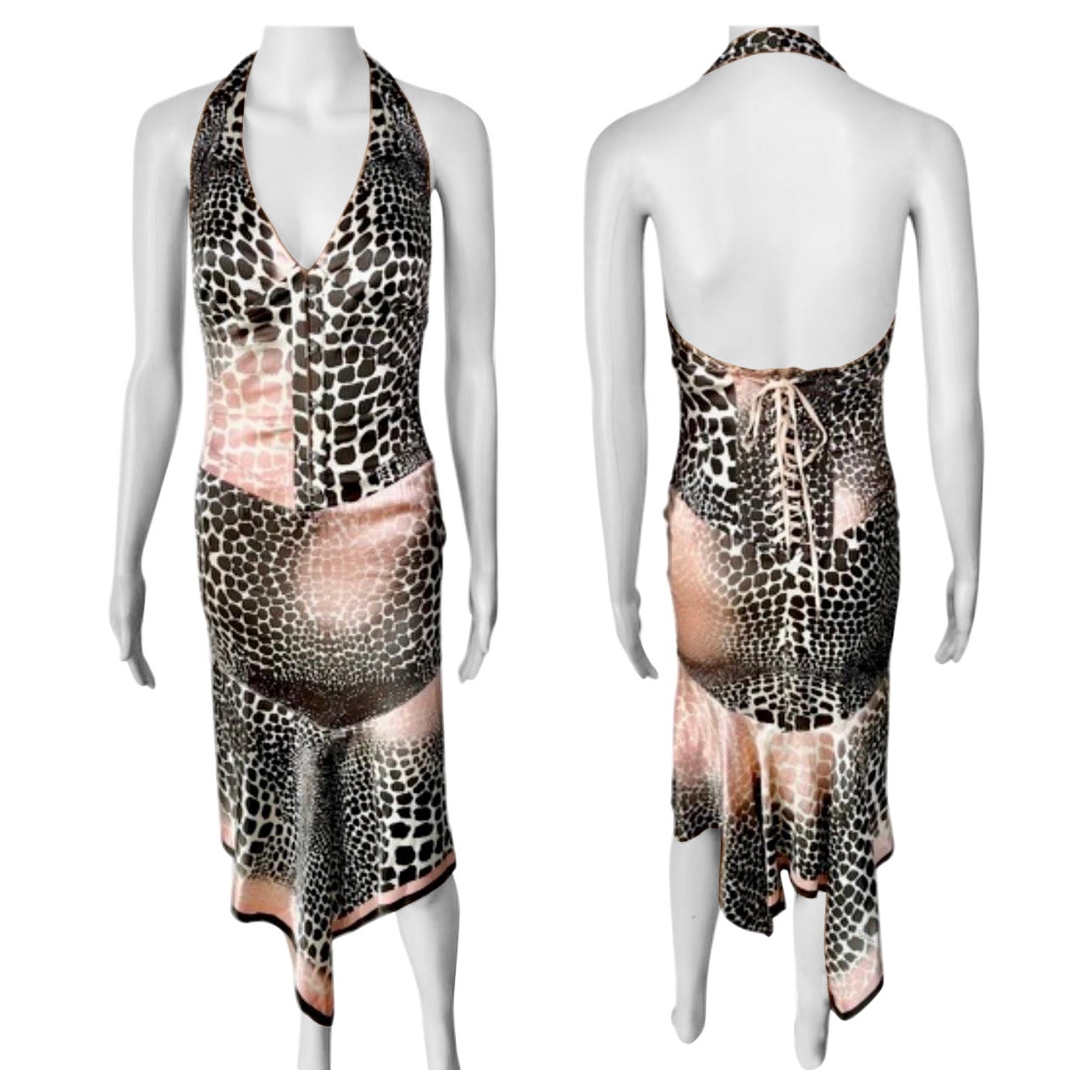 Roberto Cavalli S/S 2003 Corset Lace Up Plunging Neckline Silk Asymmetric Dress