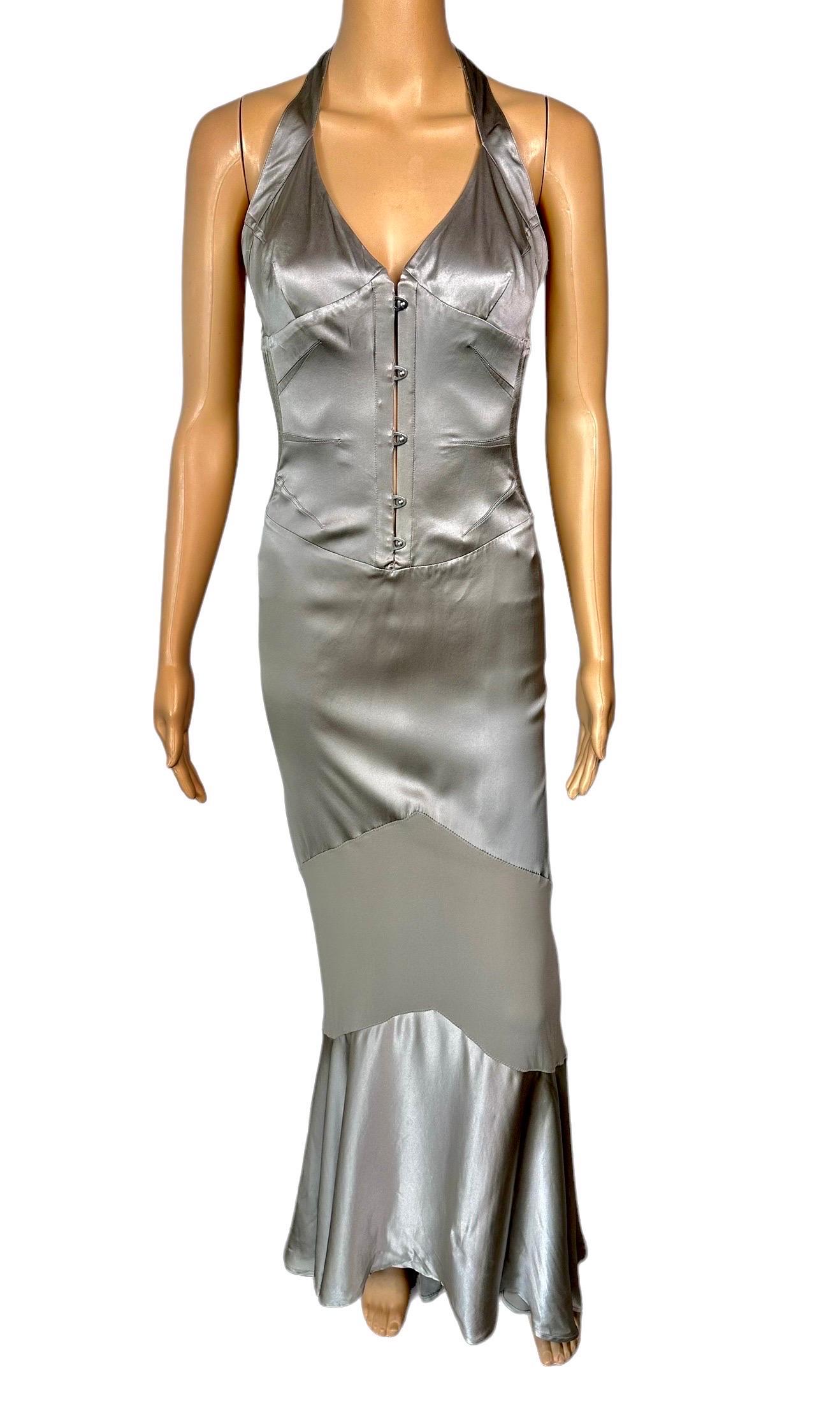 Roberto Cavalli S/S 2003 Corset Plunged Décolleté Sheer Panels Open Back Silver Evening Dress Gown Size M


