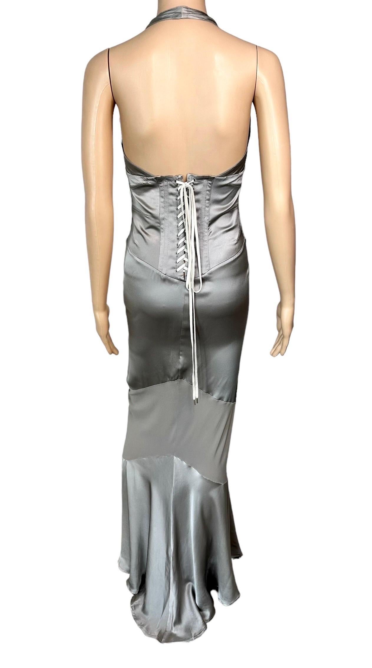 Roberto Cavalli S/S 2003 Corset Plunged Décolleté Silver Evening Dress Gown  In Good Condition For Sale In Naples, FL