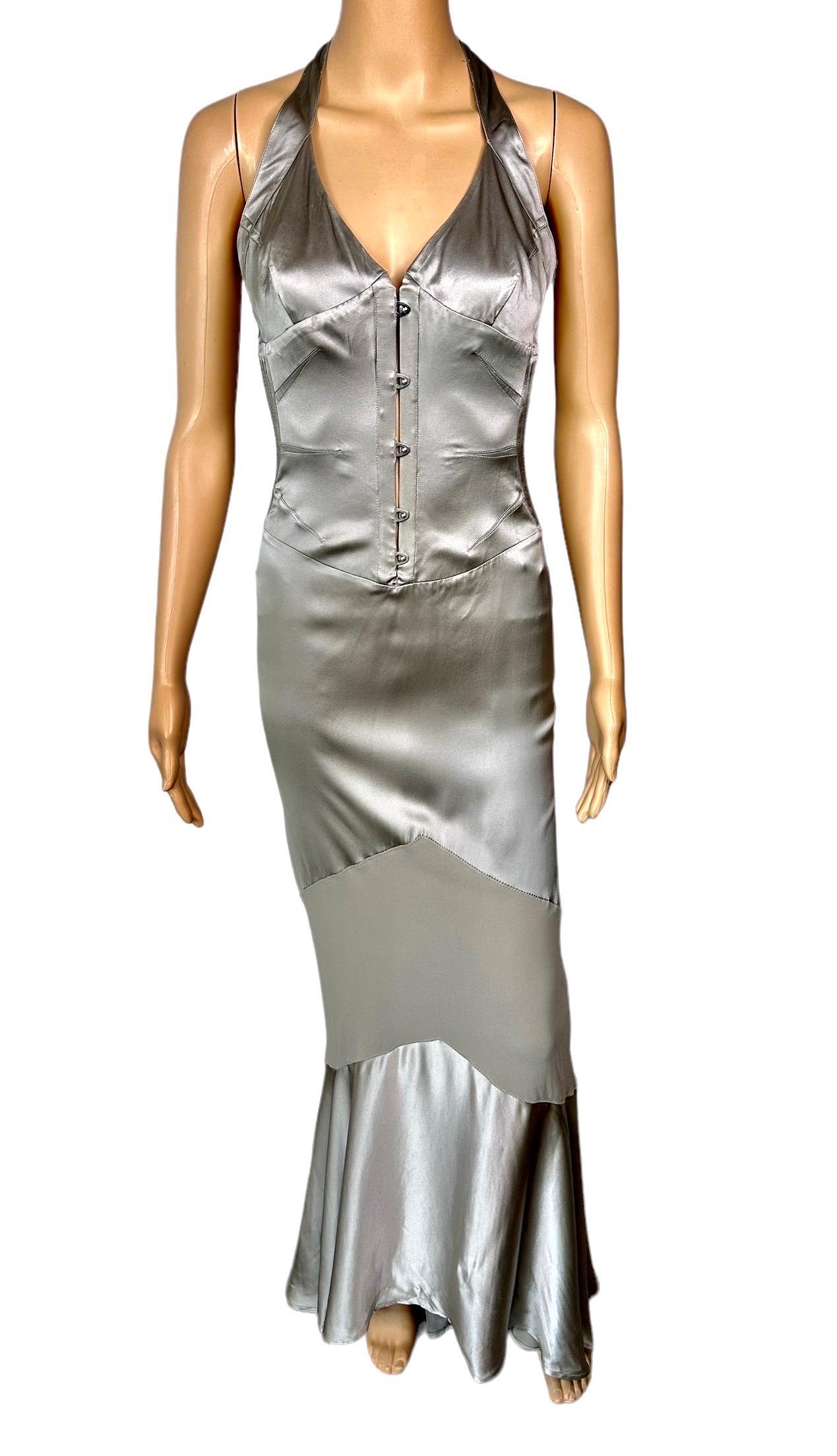 Roberto Cavalli S/S 2003 Corset Plunged Décolleté Silver Evening Dress Gown  For Sale 2