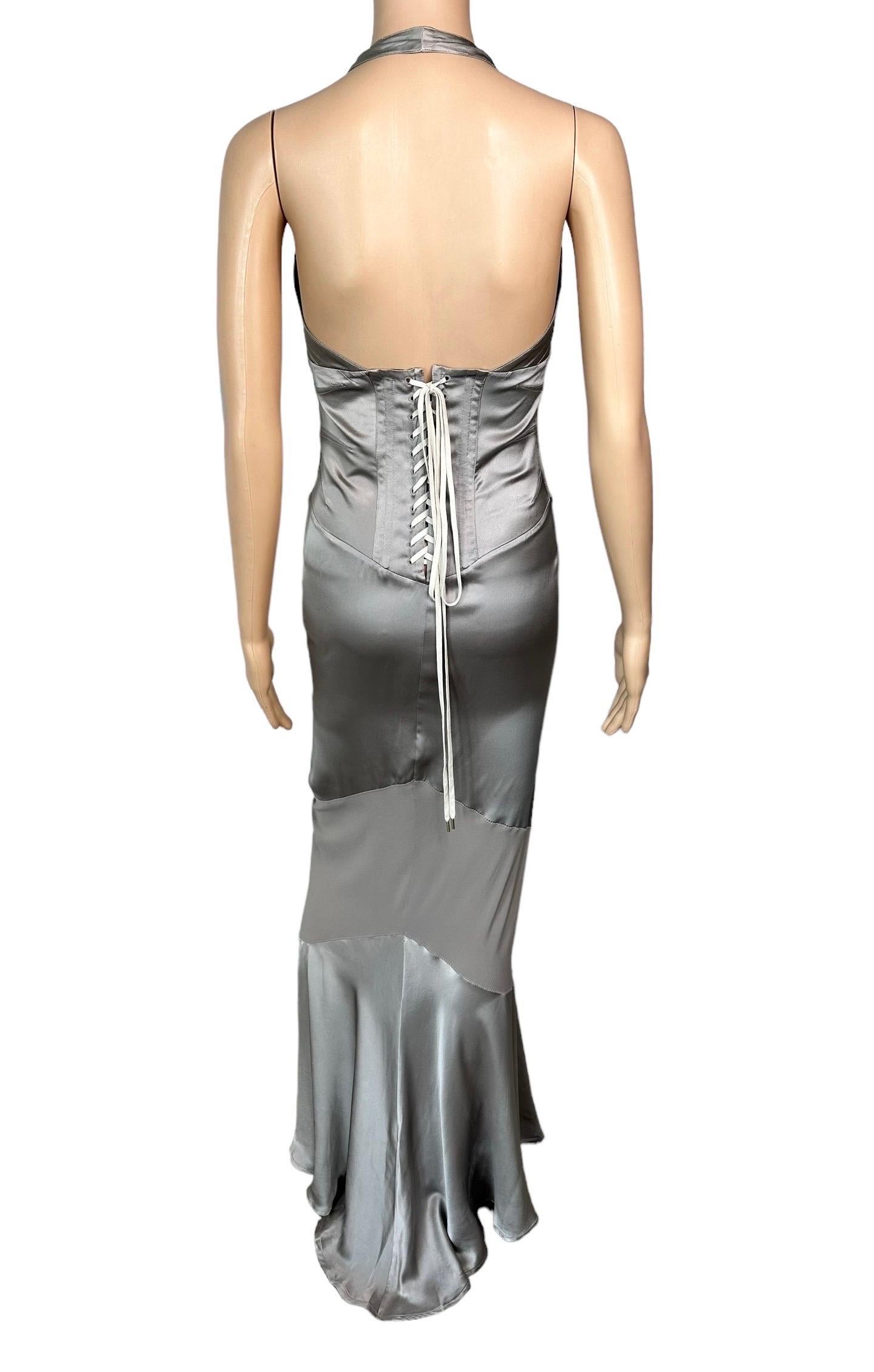 Roberto Cavalli S/S 2003 Corset Plunged Décolleté Silver Evening Dress Gown  For Sale 3