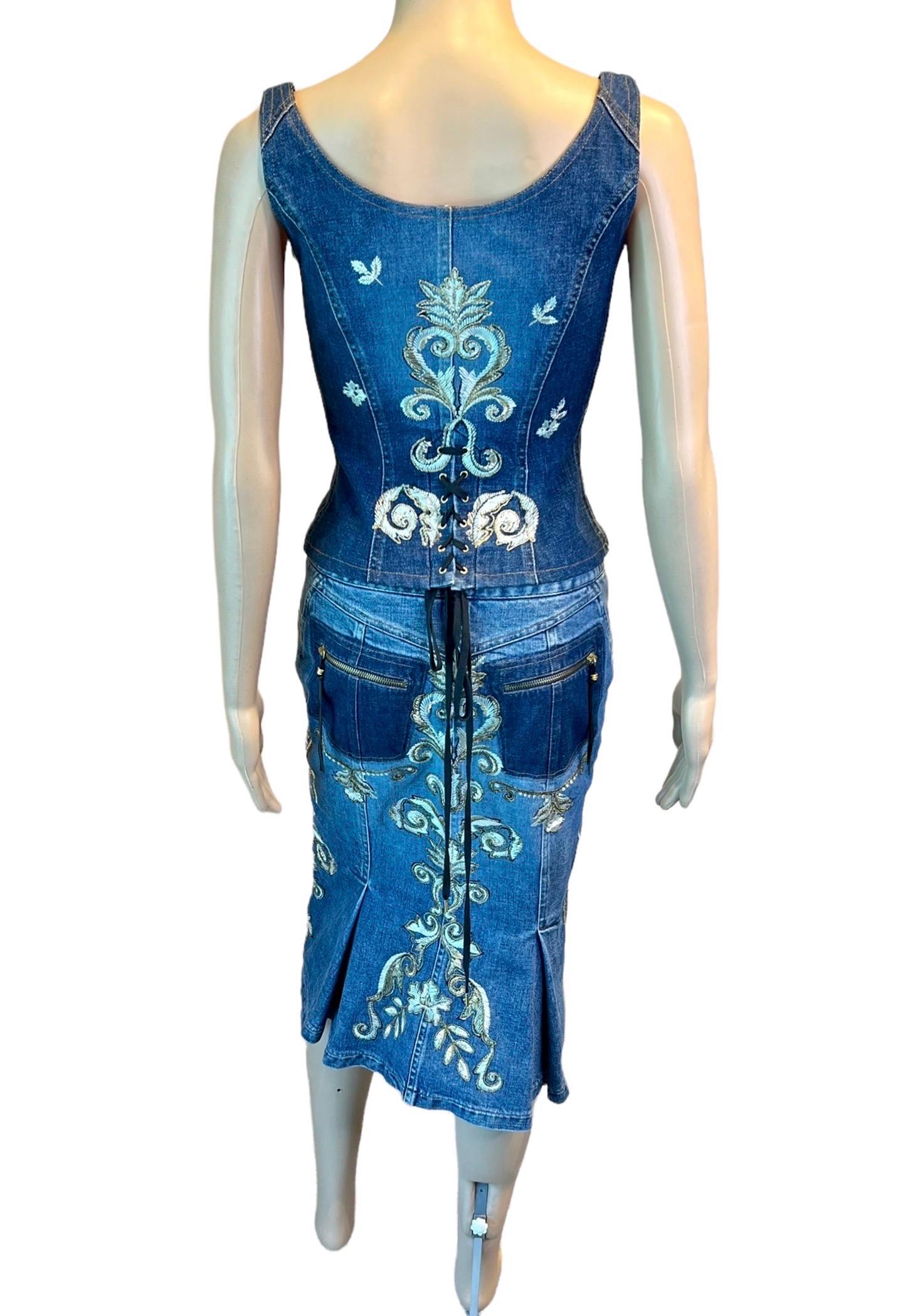 Roberto Cavalli S/S 2003 Embroidered Corset Bustier Denim Top &Skirt 2 Piece Set 4