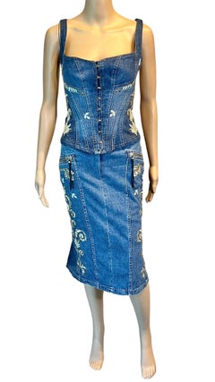 Roberto Cavalli S/S 2003 Embroidered Corset Bustier Denim Top &Skirt 2 Piece Set