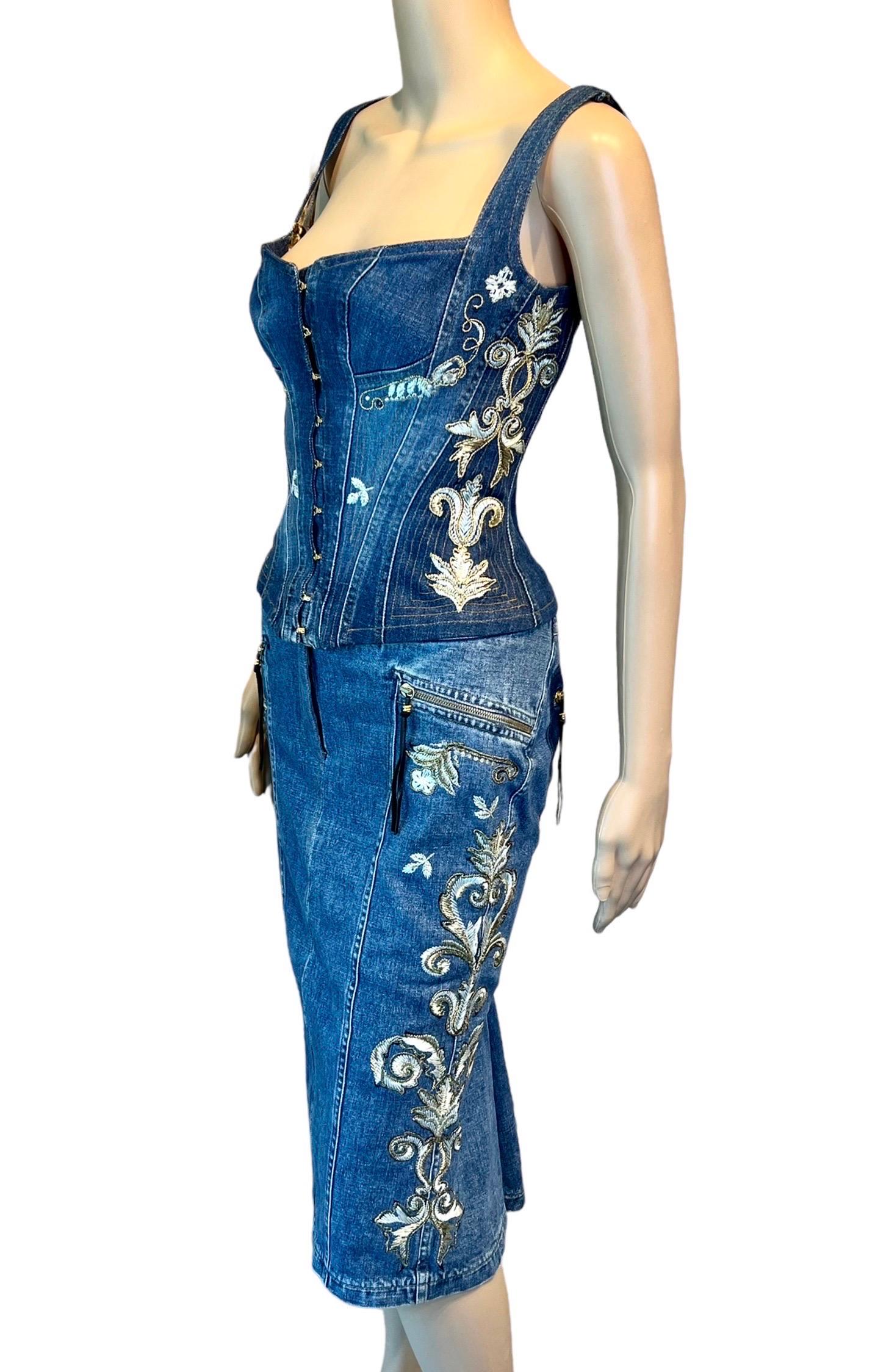 Blue Roberto Cavalli S/S 2003 Embroidered Corset Bustier Denim Top &Skirt 2 Piece Set