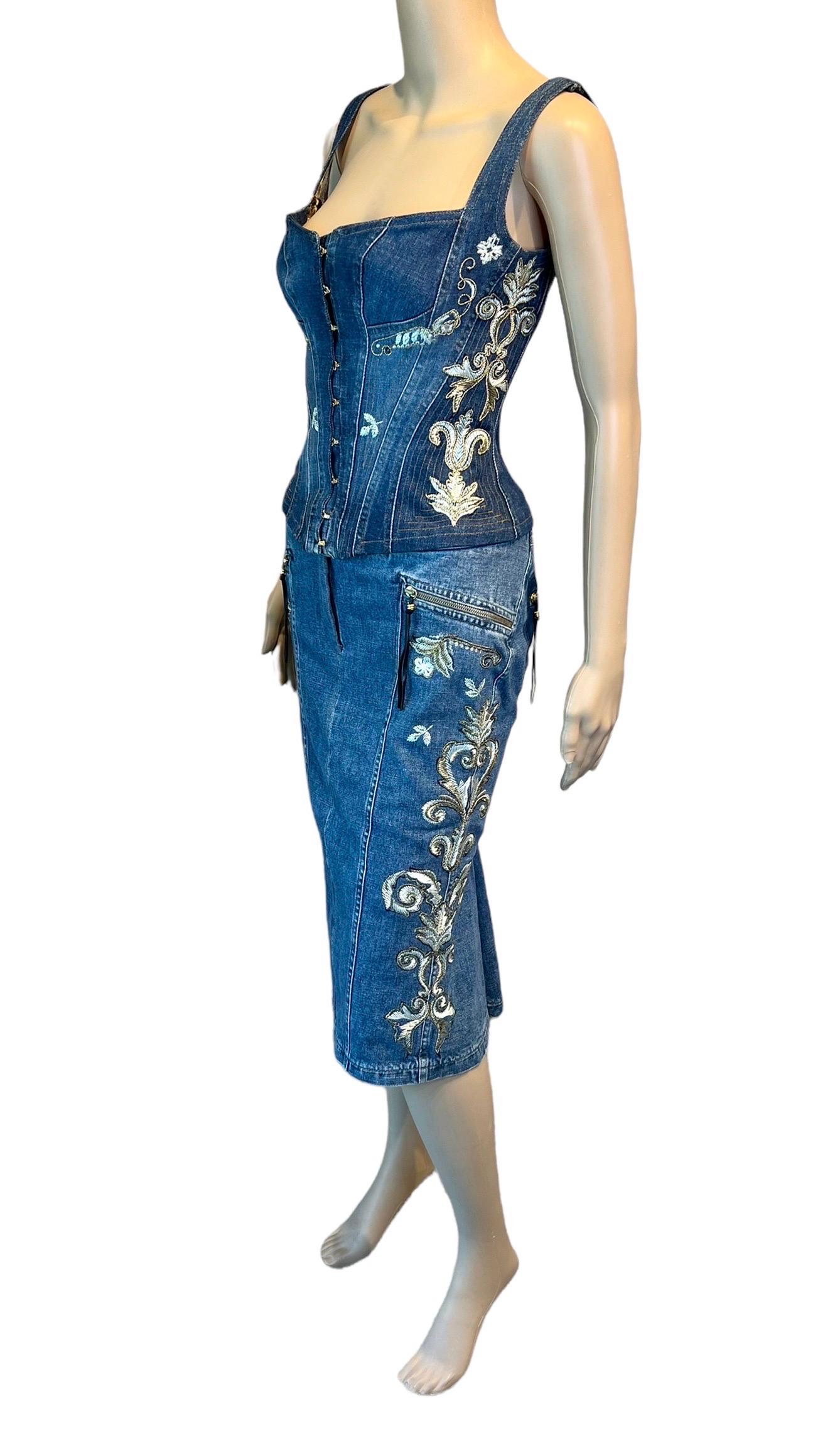 Roberto Cavalli F/S 2003 Besticktes Korsett-Bustier Denim Top &kirt 2-teiliges Set aus Denim und Denim Damen