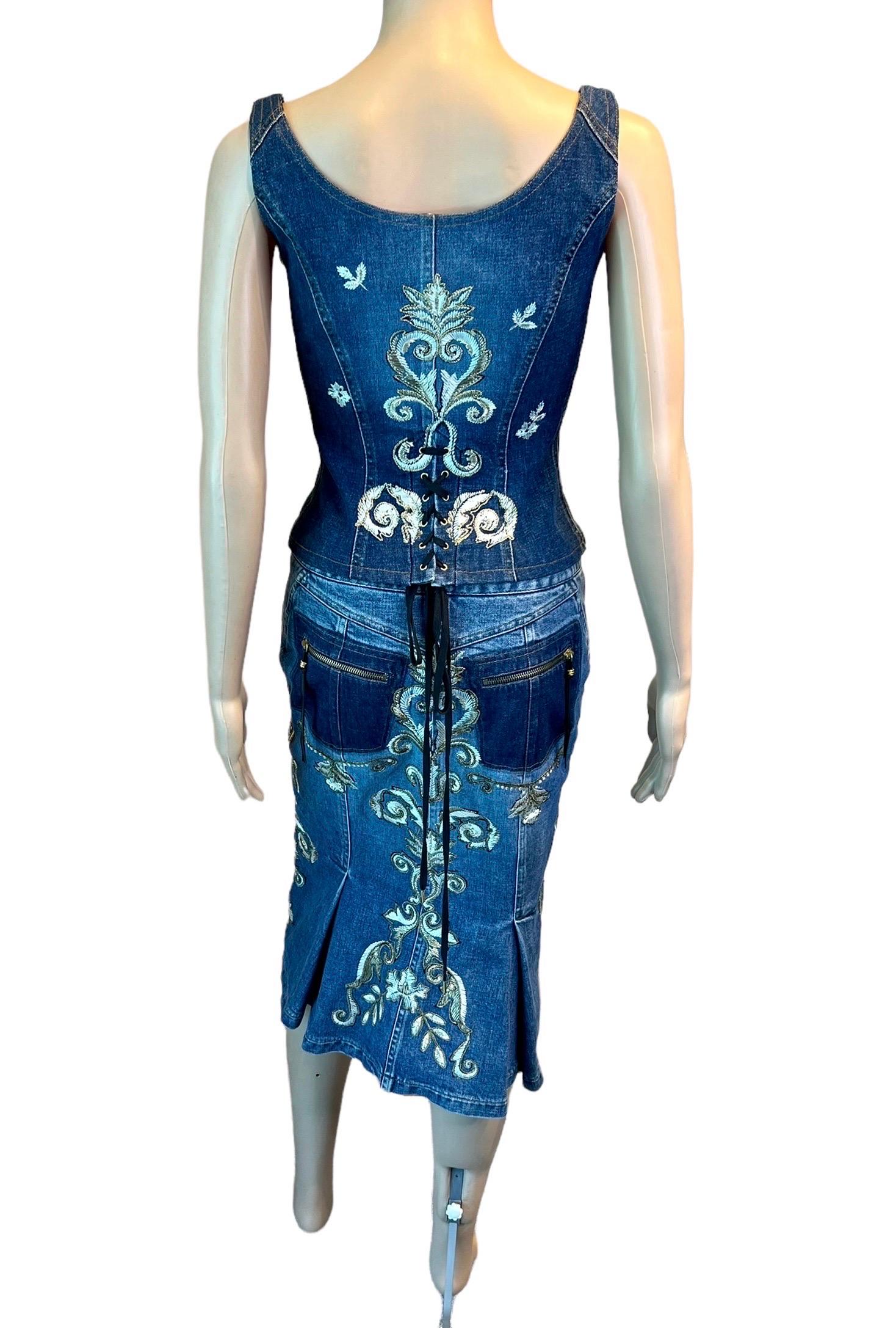 Roberto Cavalli F/S 2003 Besticktes Korsett-Bustier Denim Top &kirt 2-teiliges Set aus Denim und Denim 1