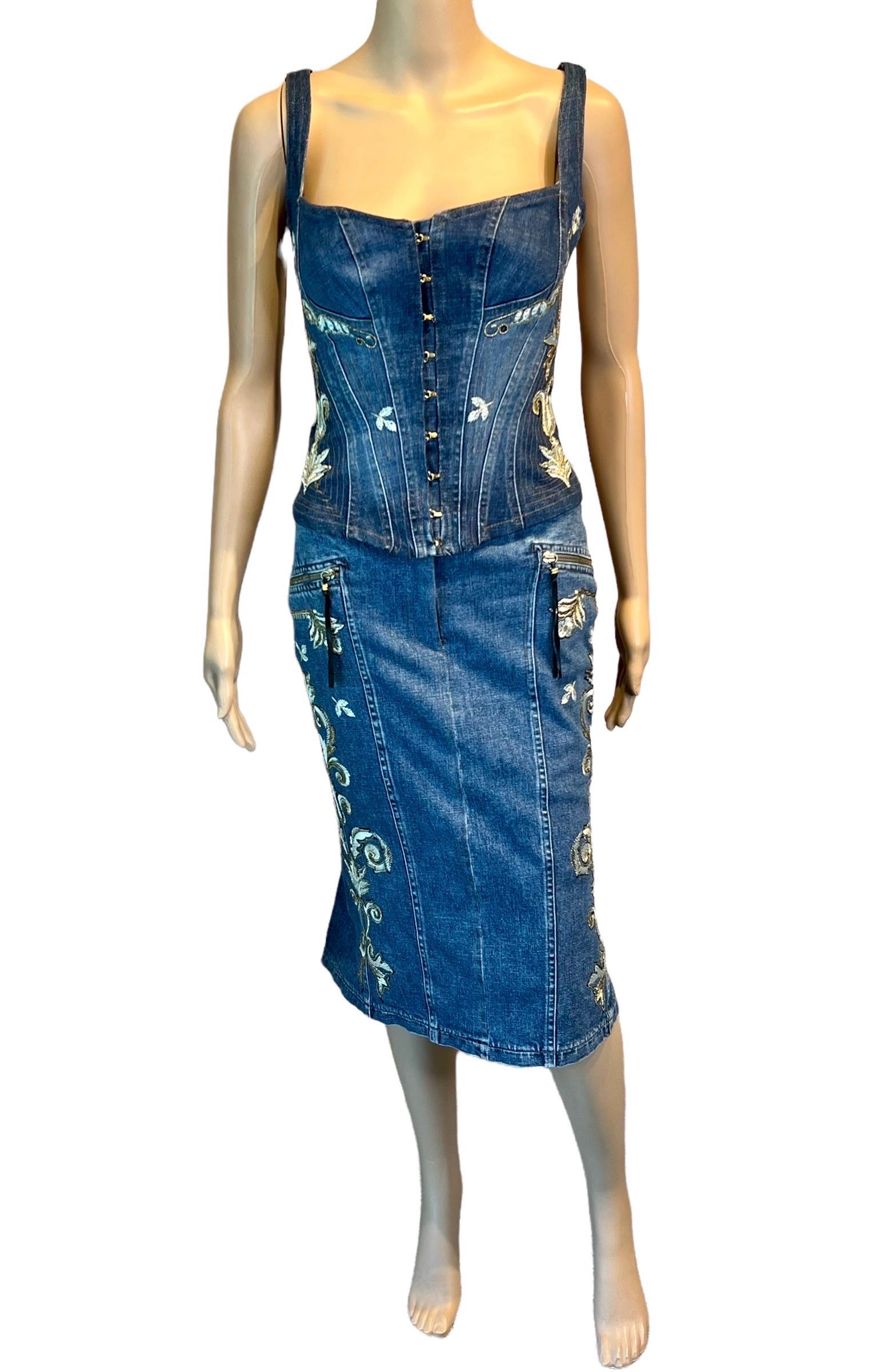 Roberto Cavalli F/S 2003 Besticktes Korsett-Bustier Denim Top &kirt 2-teiliges Set aus Denim und Denim 3