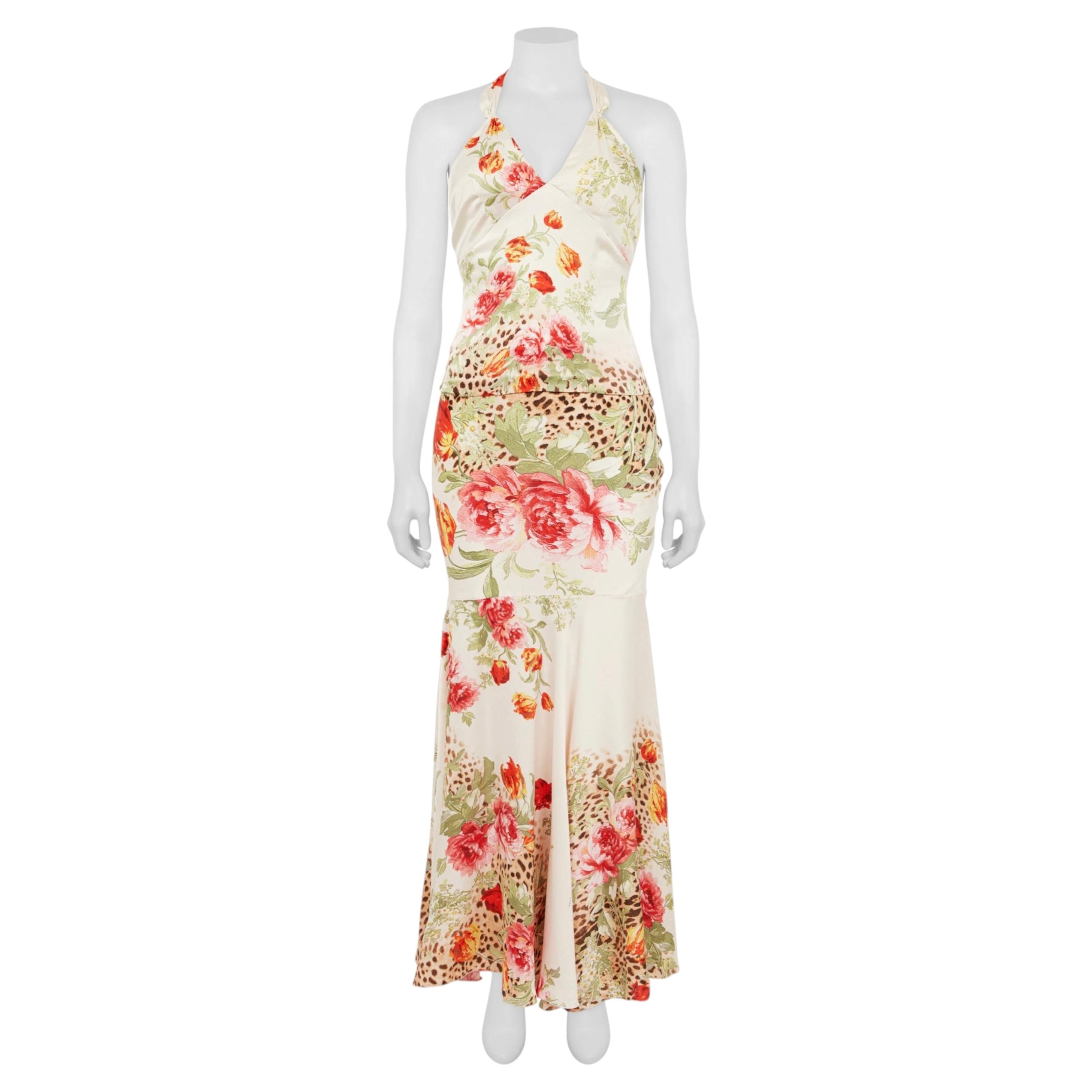 Roberto Cavalli S/S 2003 Floral Leopard Silk Top & Skirt Set