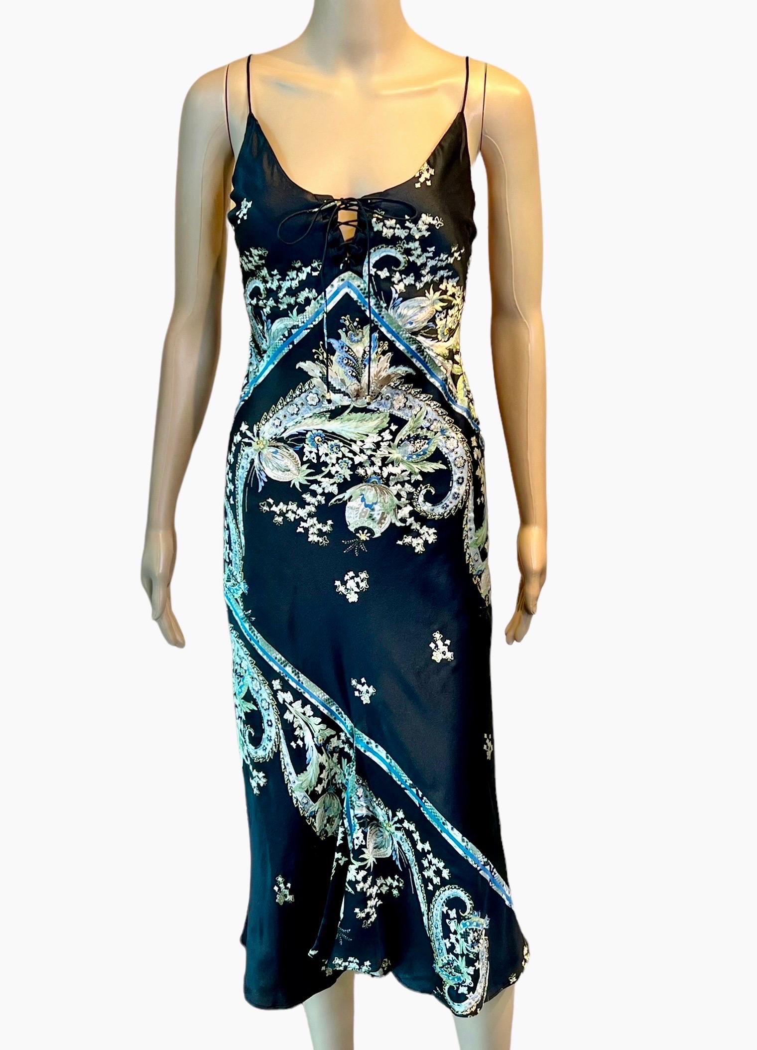 Roberto Cavalli S/S 2003 Lace Up Chinoiserie Print Silk Slip Midi Dress Size S